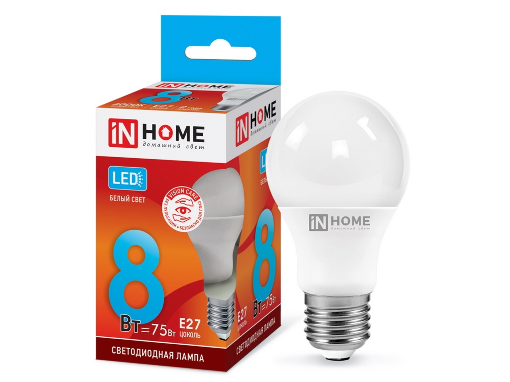 Лампа светодиодная IN HOME LED-A60-VC  8Вт E27 4000К 720Лм *100