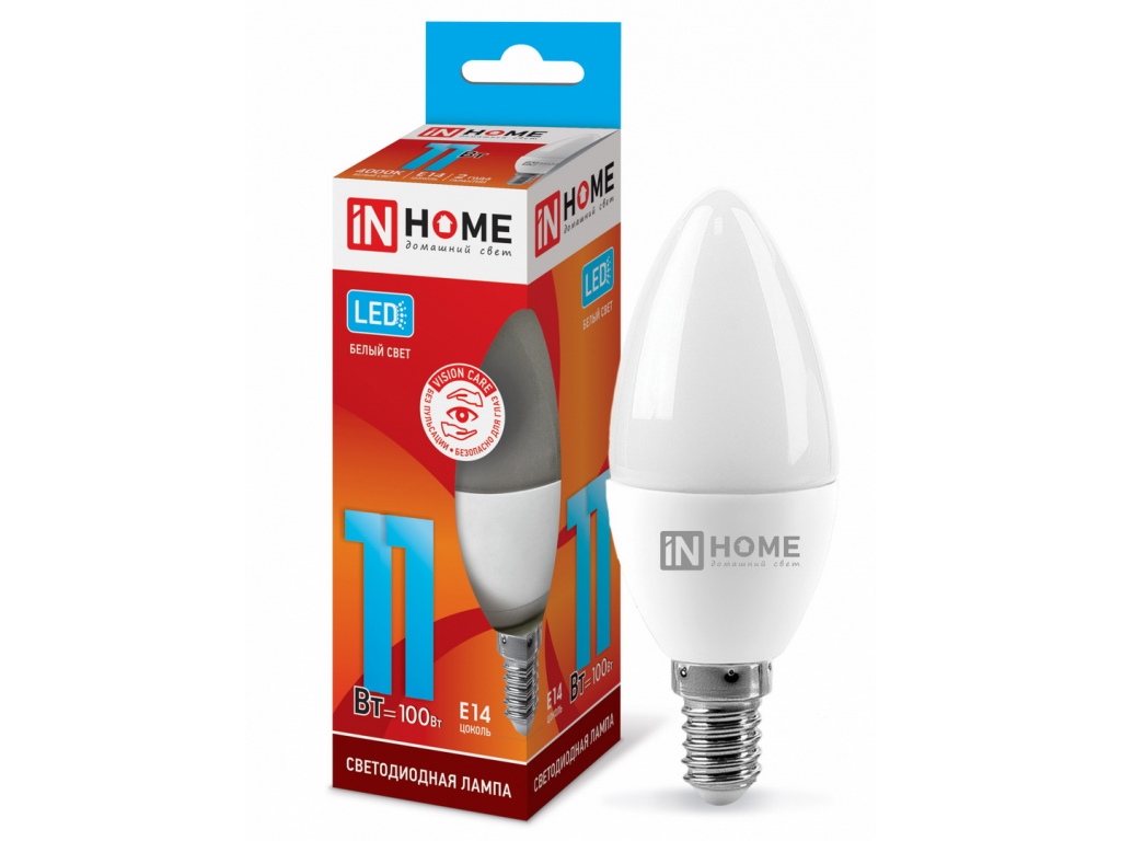 Лампа светодиодная IN HOME LED-Свеча 11Вт E14 4000К 820Лм *100