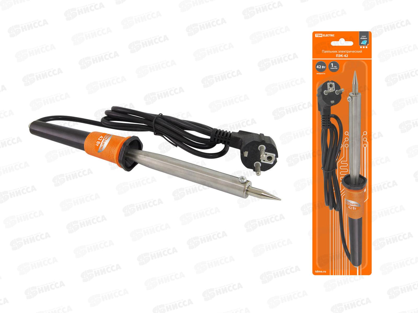 Паяльник с керамическим нагревателем ПЭК-42, 42 Вт, 230В, долговечное жало с заземлением, прорезиненая ручка, Алмаз, 0701