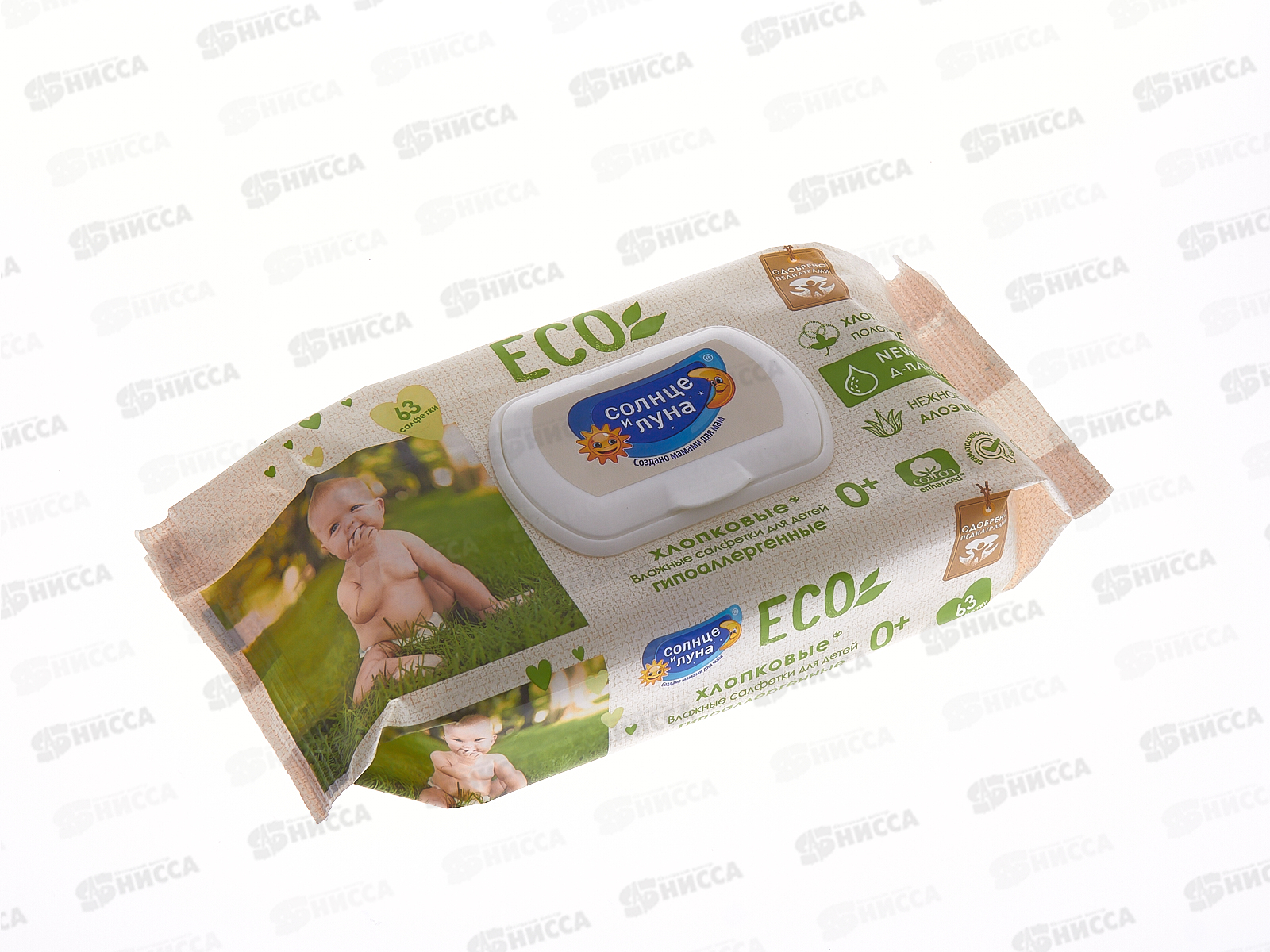 Солнце и Луна салфетки влажные 63шт крышка 0+ Хлопковые Алоэ и Д-пантенол *12 63439