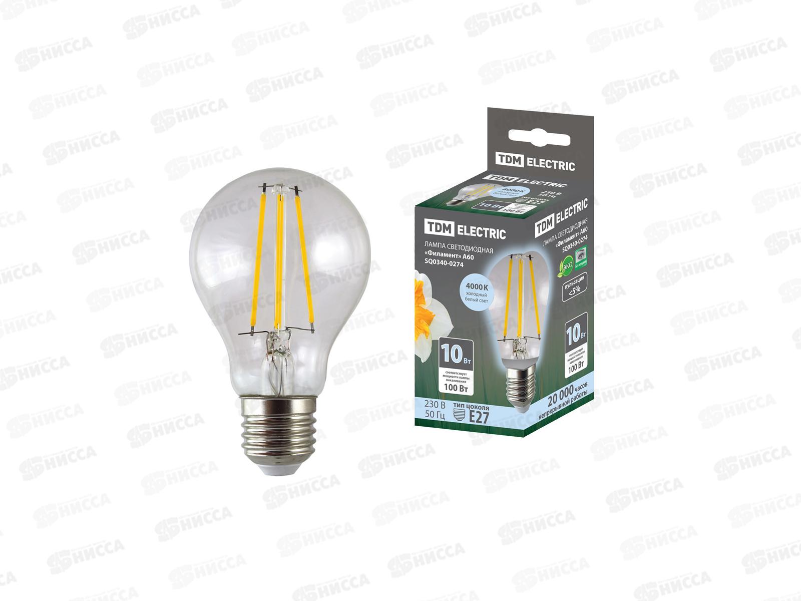 Лампа светодиодная TDM А60-10 Вт-230 В-4000 К–E27 Филамент TDM, 0274