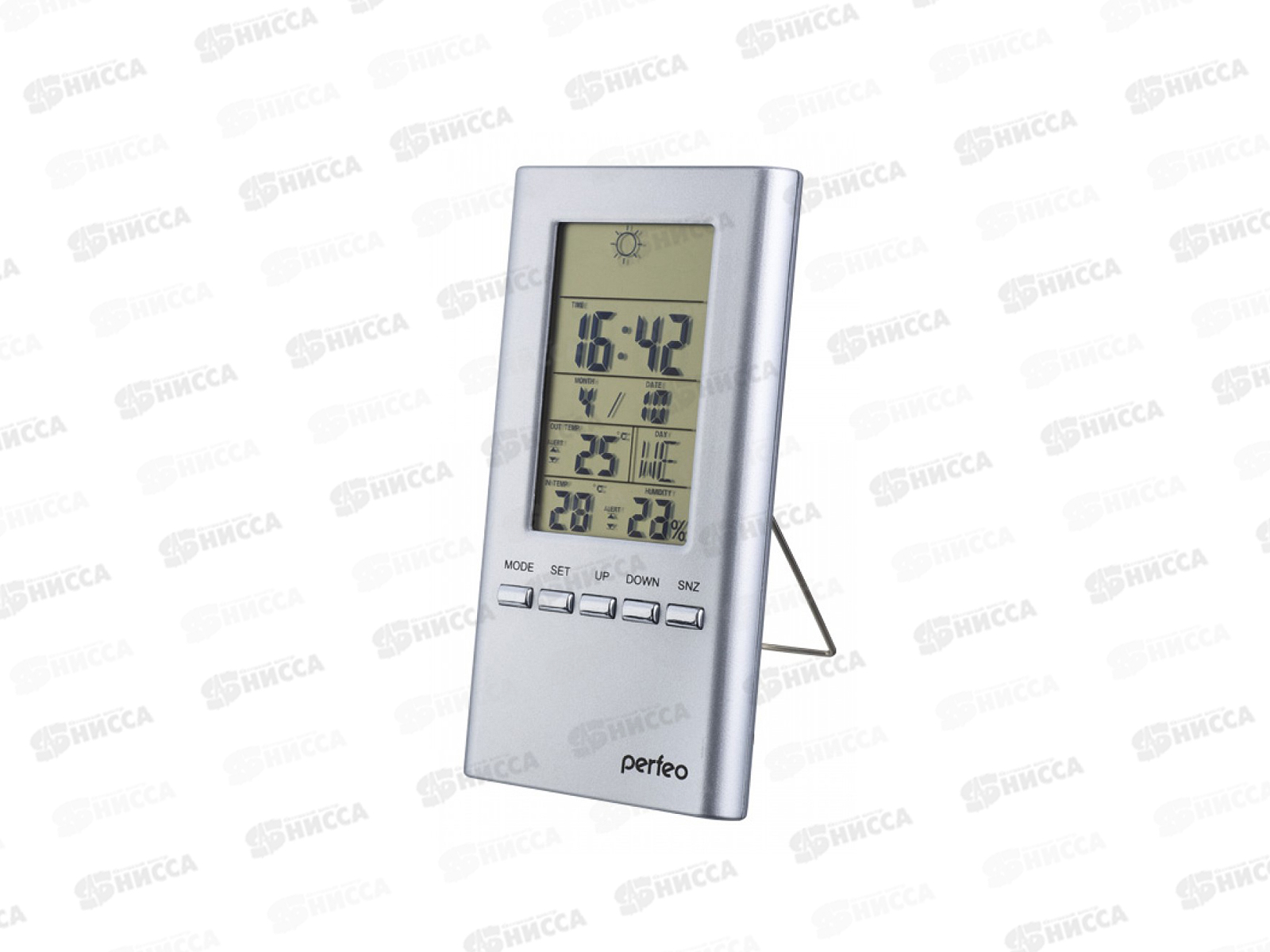 Часы-метеостанция Perfeo Meteo серебряный,  время, темп., датчик ул. темп., влажность, PF-S3331F