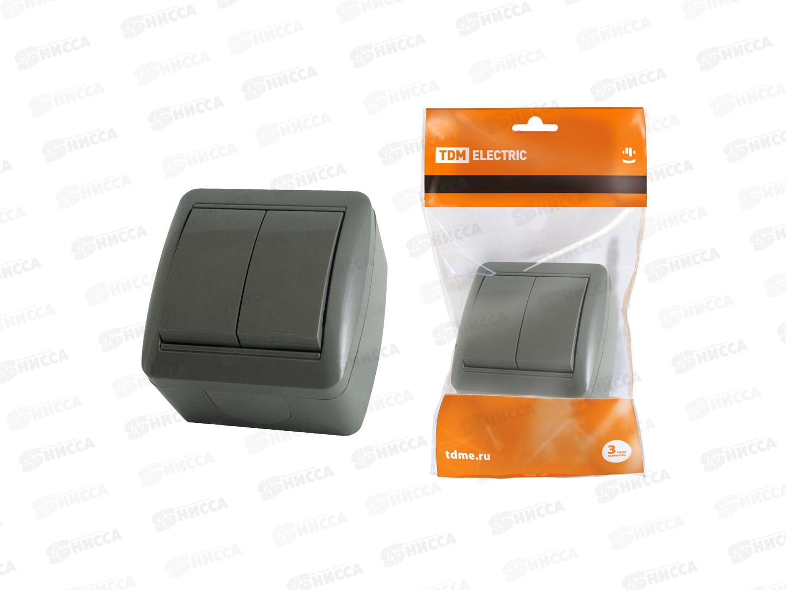 Выключатель TDM 2-клавиши открытая установка, IP44 10А серый, &quotСелигер&quot, 0102 *10