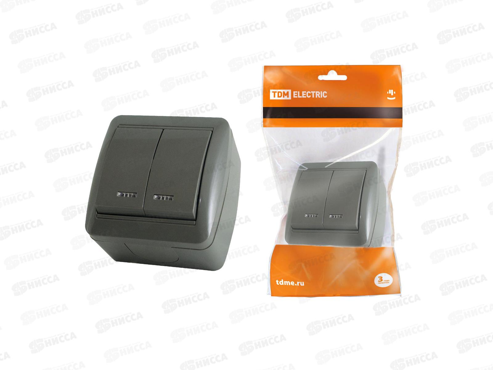 Выключатель TDM 2 клавиши открытая установка, подсветка, IP20 10А серый &quotСелигер&quot, 0104