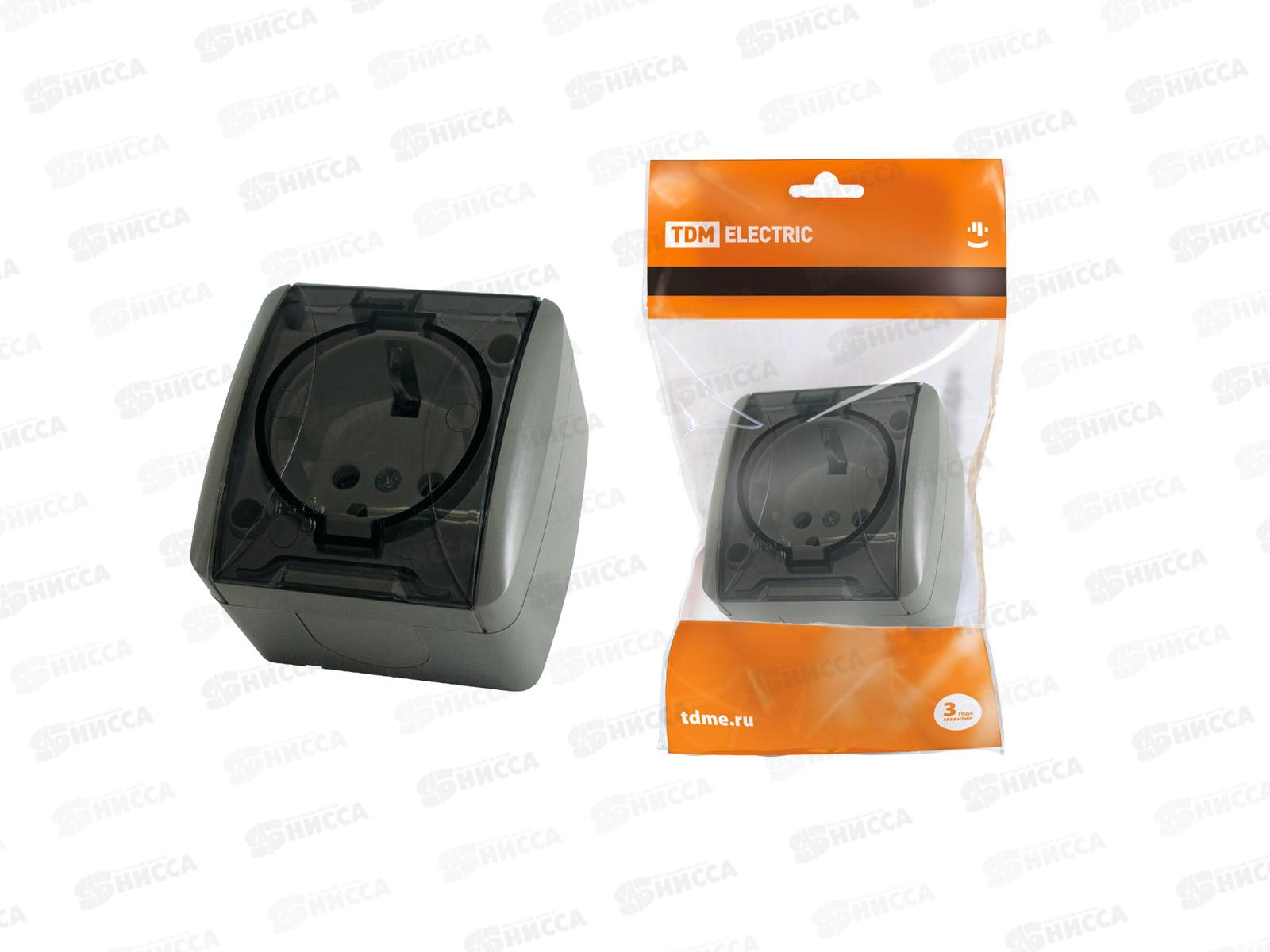 Розетка TDM открытая установка, IP54 16А с прозрачной крышкой, серая, &quotСелигер&quot, 0107