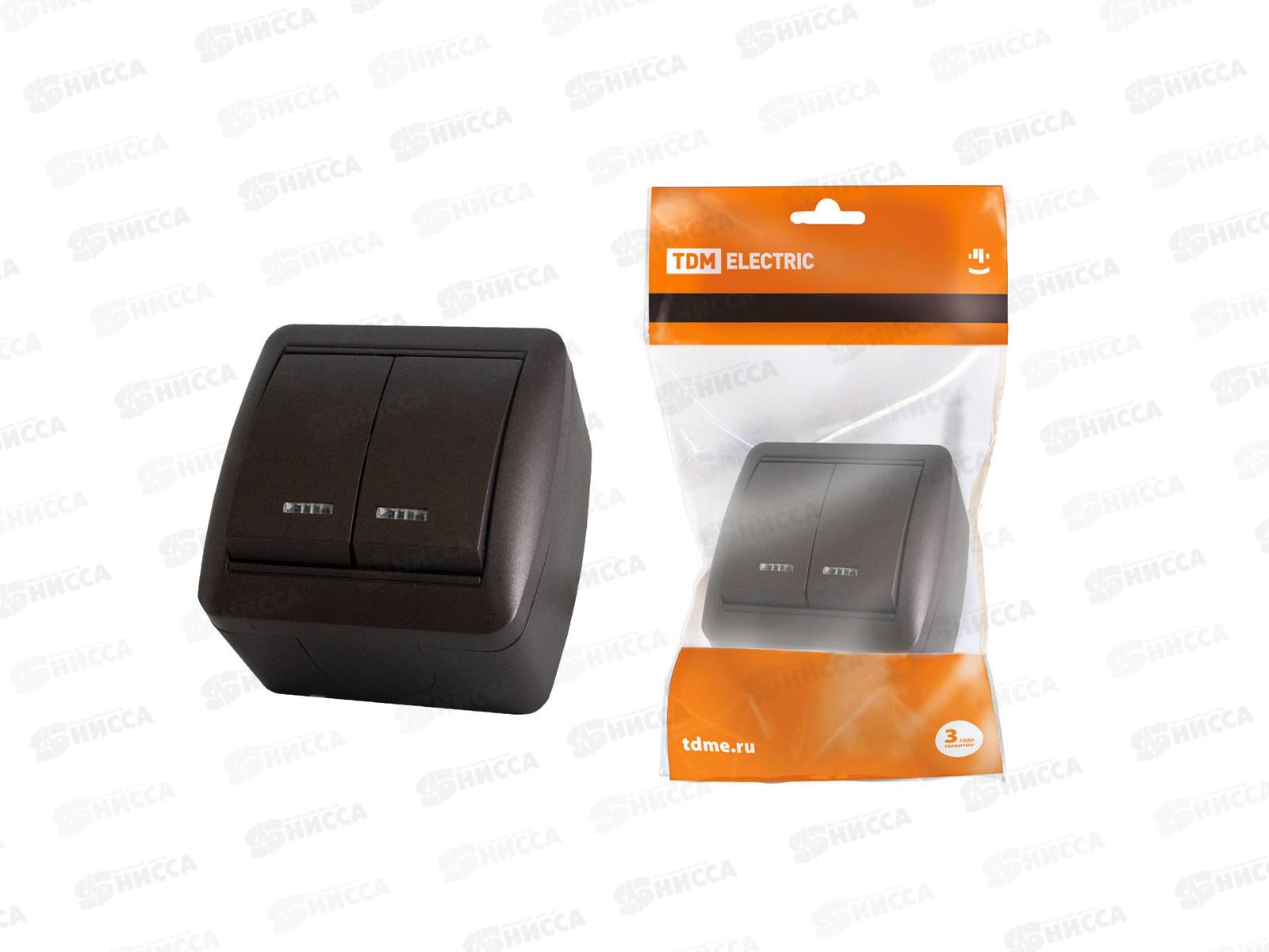 Выключатель TDM 2-клавиши открытая установка, подсветка., 10А шоколад &quotСелигер&quot, 0204 *10