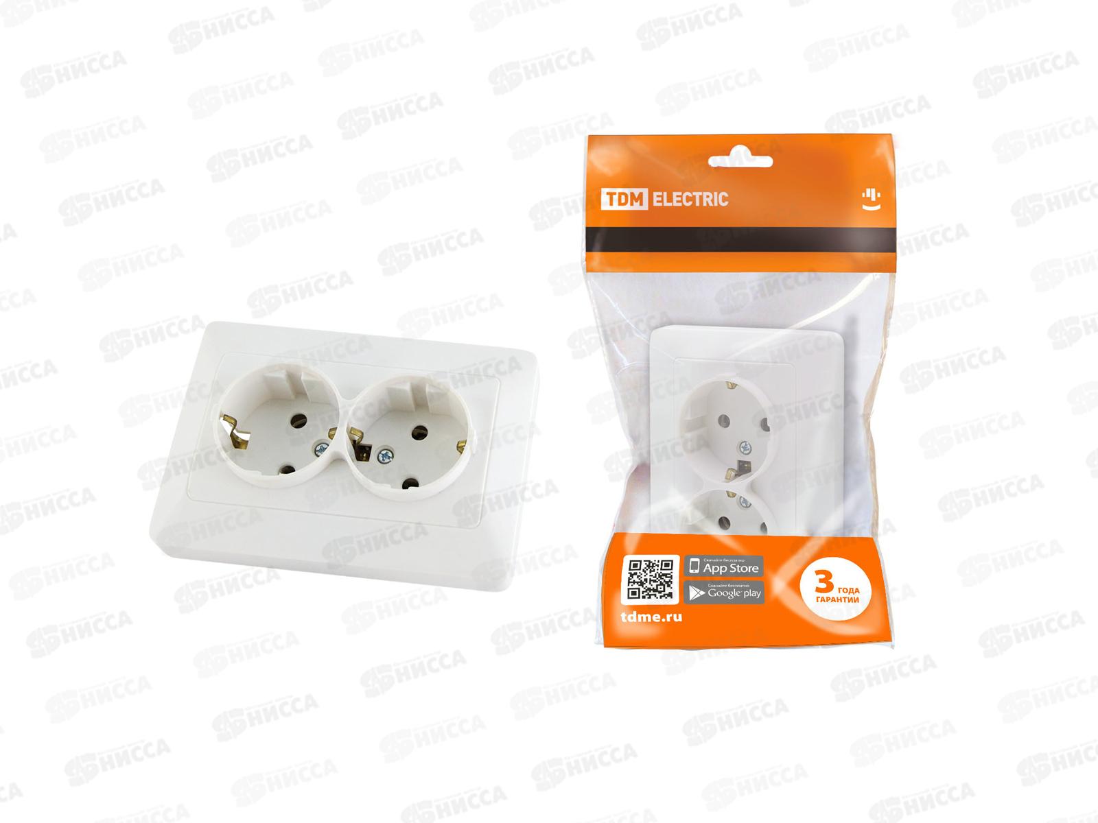 Розетка TDM двойная скрытая установка, защитные шторки, заземляющие контактыю, 16А белый &quotИльмень&quot, 0016