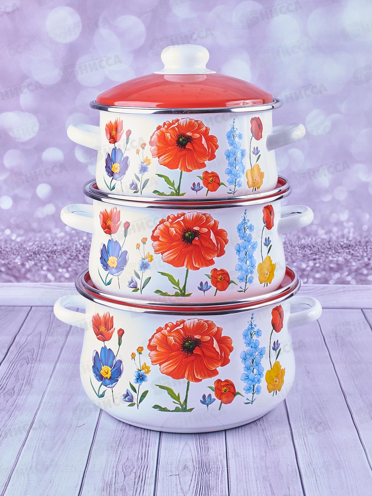 Набор кастрюль Маковый букет белый 7-327/6 (2л, 3л, 4л)  *1