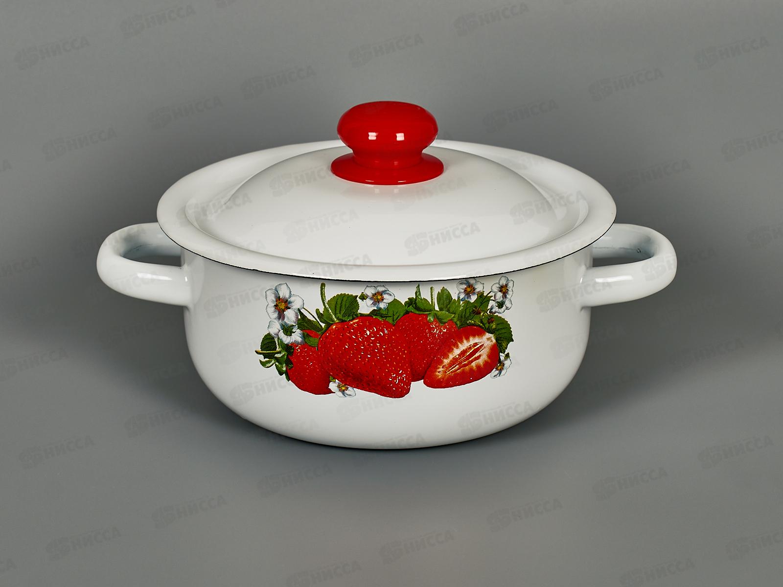 Кастрюля 1,5л цилиндрическая Клубника садовая, белая с пластмассовой кнопкой С1607.3*59