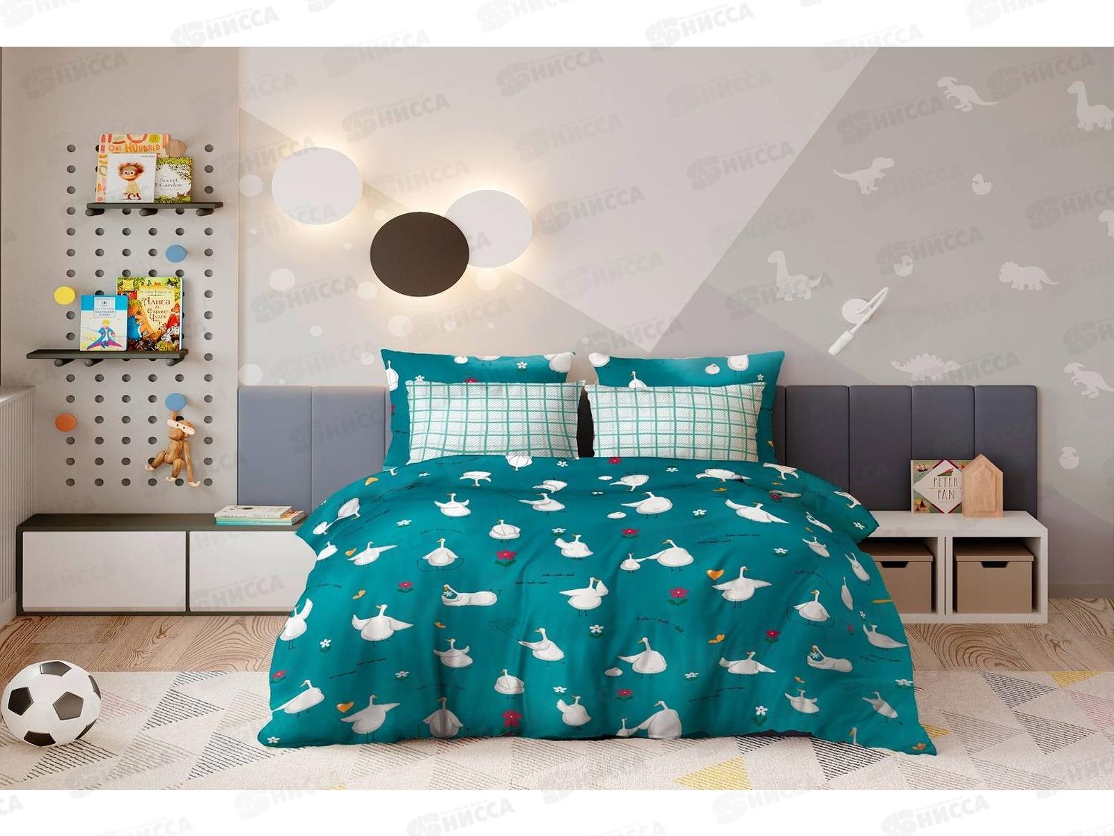 Комплект постельного белья 1,5 спальный Поплин НН Гуси бирюза 9974-1+9997-1