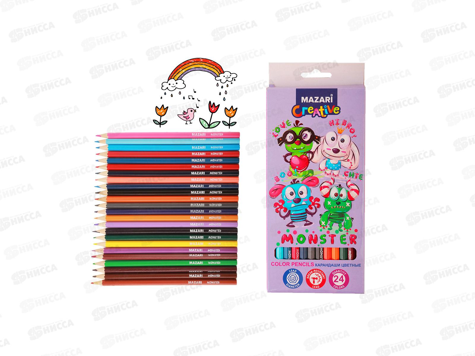 Карандаши 24 цвета MAZARI Monster деревянные шестигранные M-6186-24 *6/120