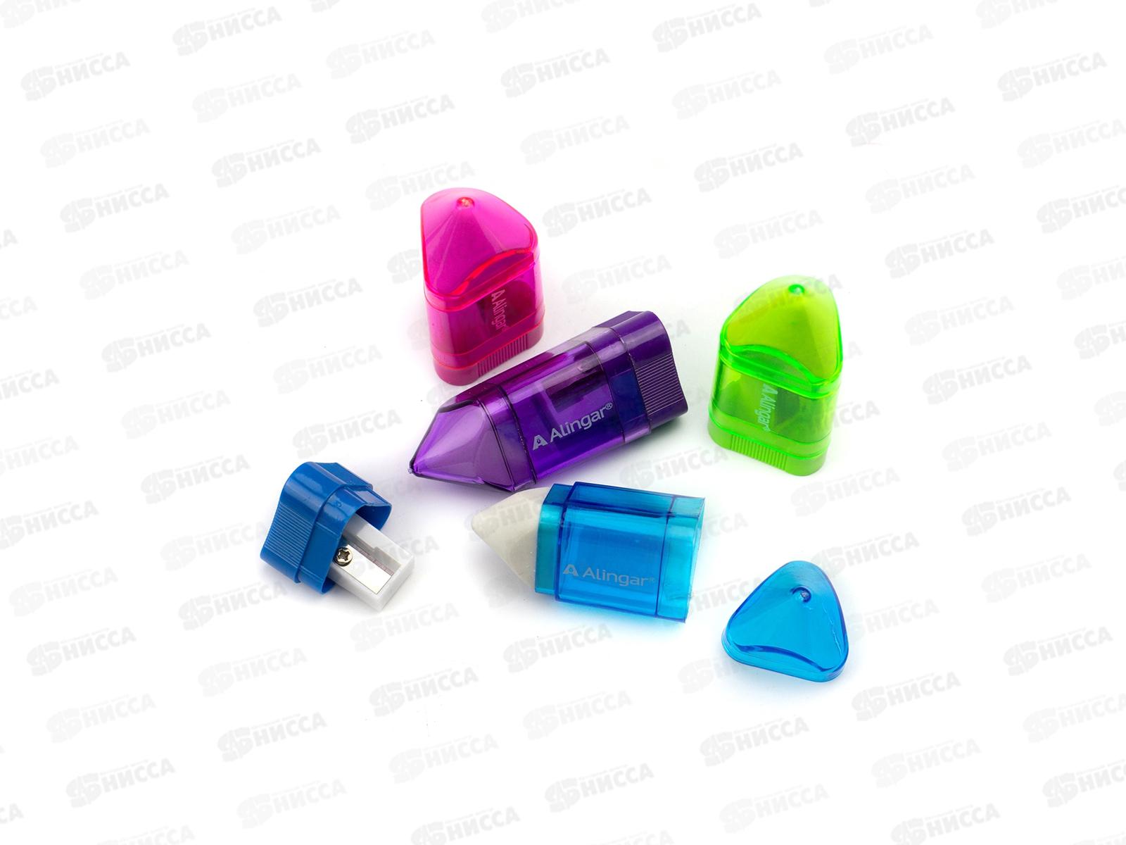 Точилка Alingar пластик, 1отверстие, с ластиком, с контейнером, асс AL6200 *24