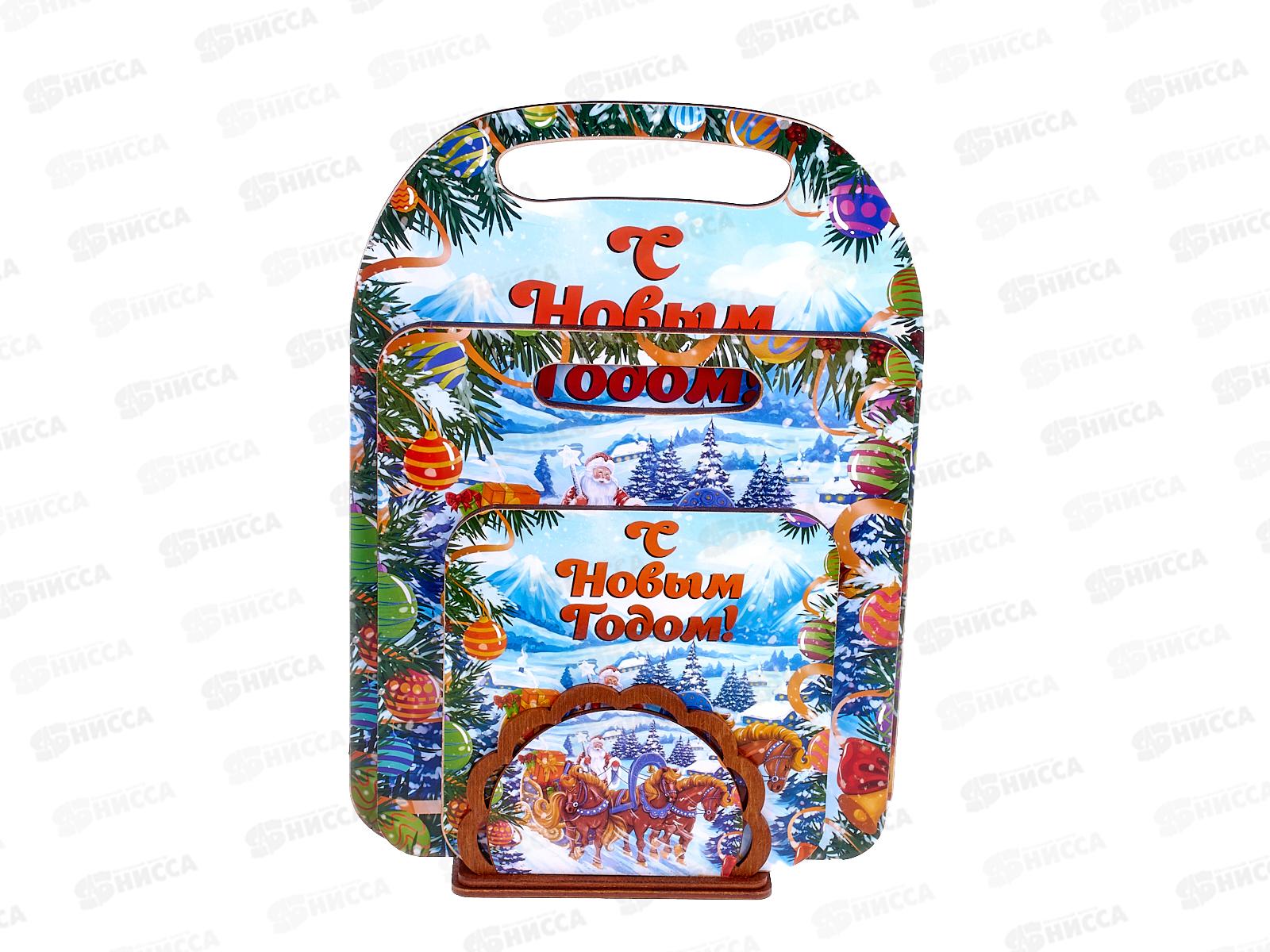 Комплект досок разделочных КМ-16 "Дед Мороз с конями" (2доски,подставка,салфетница)