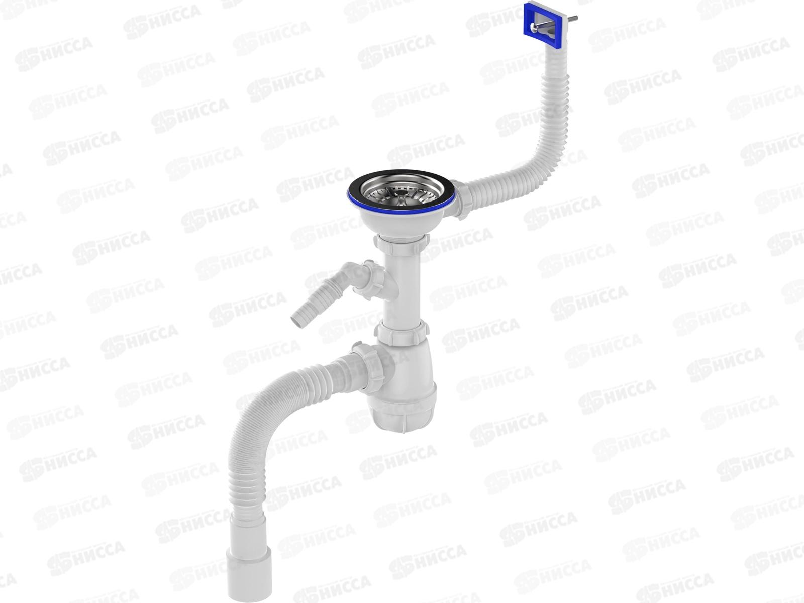 Сифон для мойки 3 1/2&quot х 40 с металлической решеткой, прямоугольным переливом, с отводом для стиральных машин с гофротрубой 40*40/50, 0147 *20