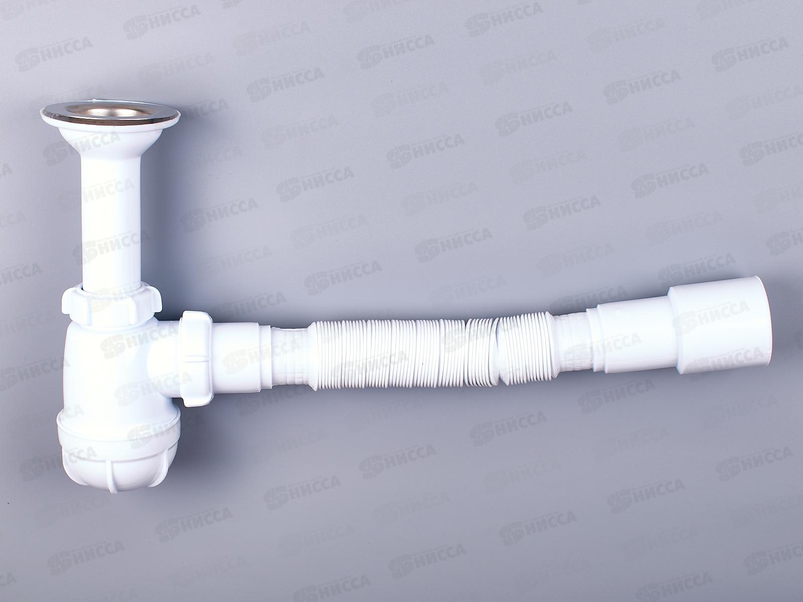 Сифон для умывальника 1 1/2&quotх40 с удлиненной горловиной с металлической решеткой с гофротрубой 40х40/50, S0515  *35