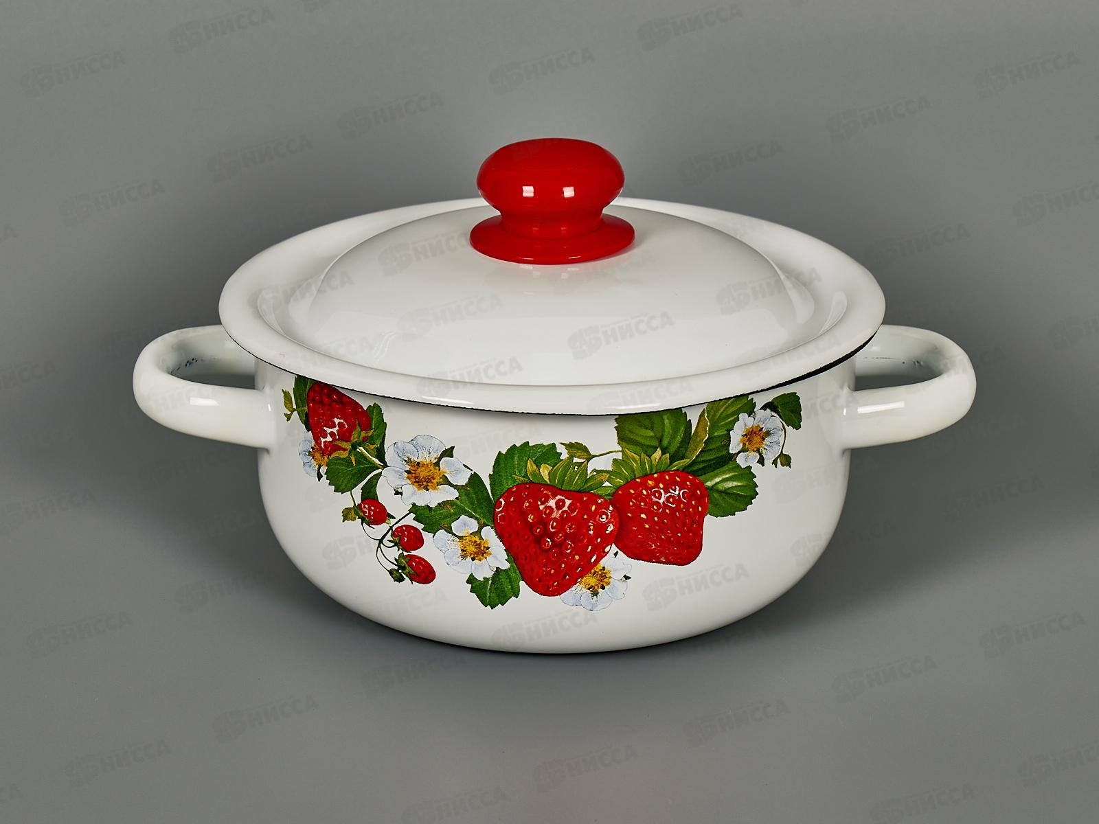Кастрюля 1,5л цилиндрическая Клубничная поляна, белая с пластмассовой кнопкой С1607.3*98