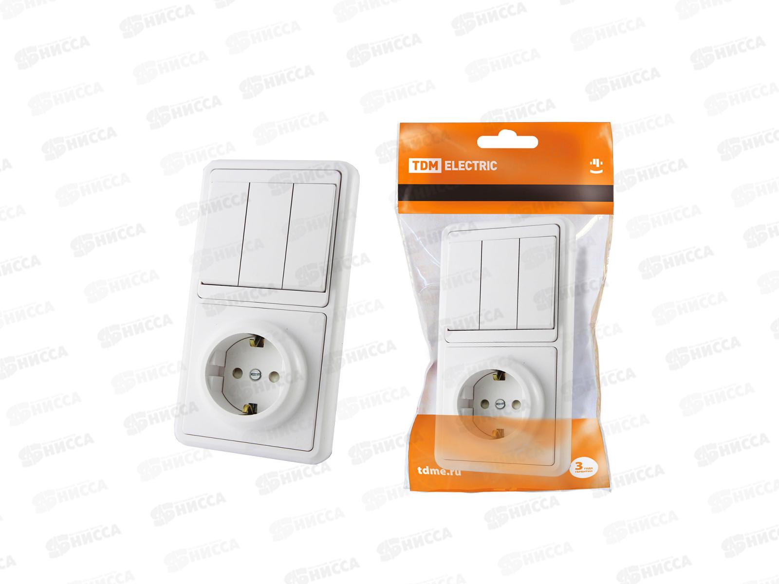 Блок (3выключателя+розетка) TDM вертикальная, с заземлением, с защитными шторками БКВР TDM, 0003