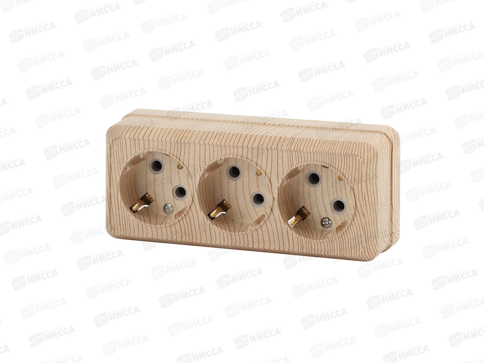 Розетка INTRO Quadro открытой установки с заземлением трехместная, 16А-250В, IP20, сосна, 2-206-11