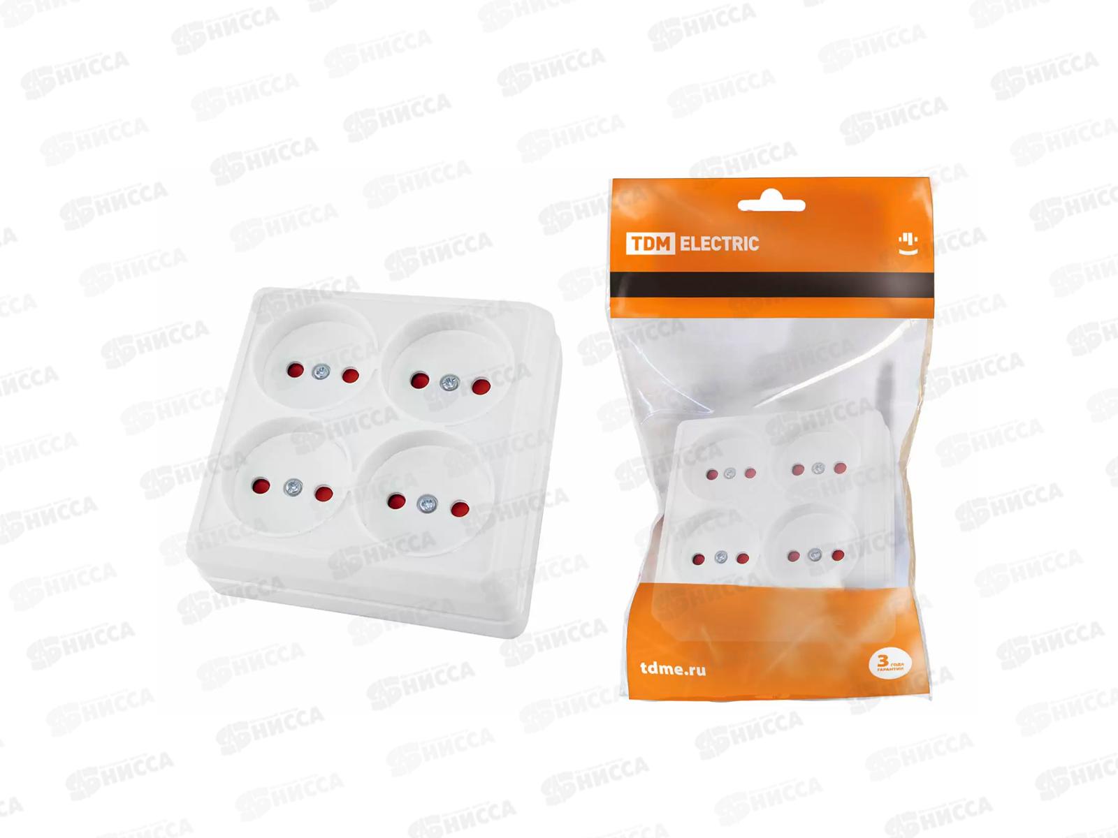 Розетка TDM четырехместная открытой установки, IP20 10А белый &quotЛадога&quot с защитными шторками, 0121 *6