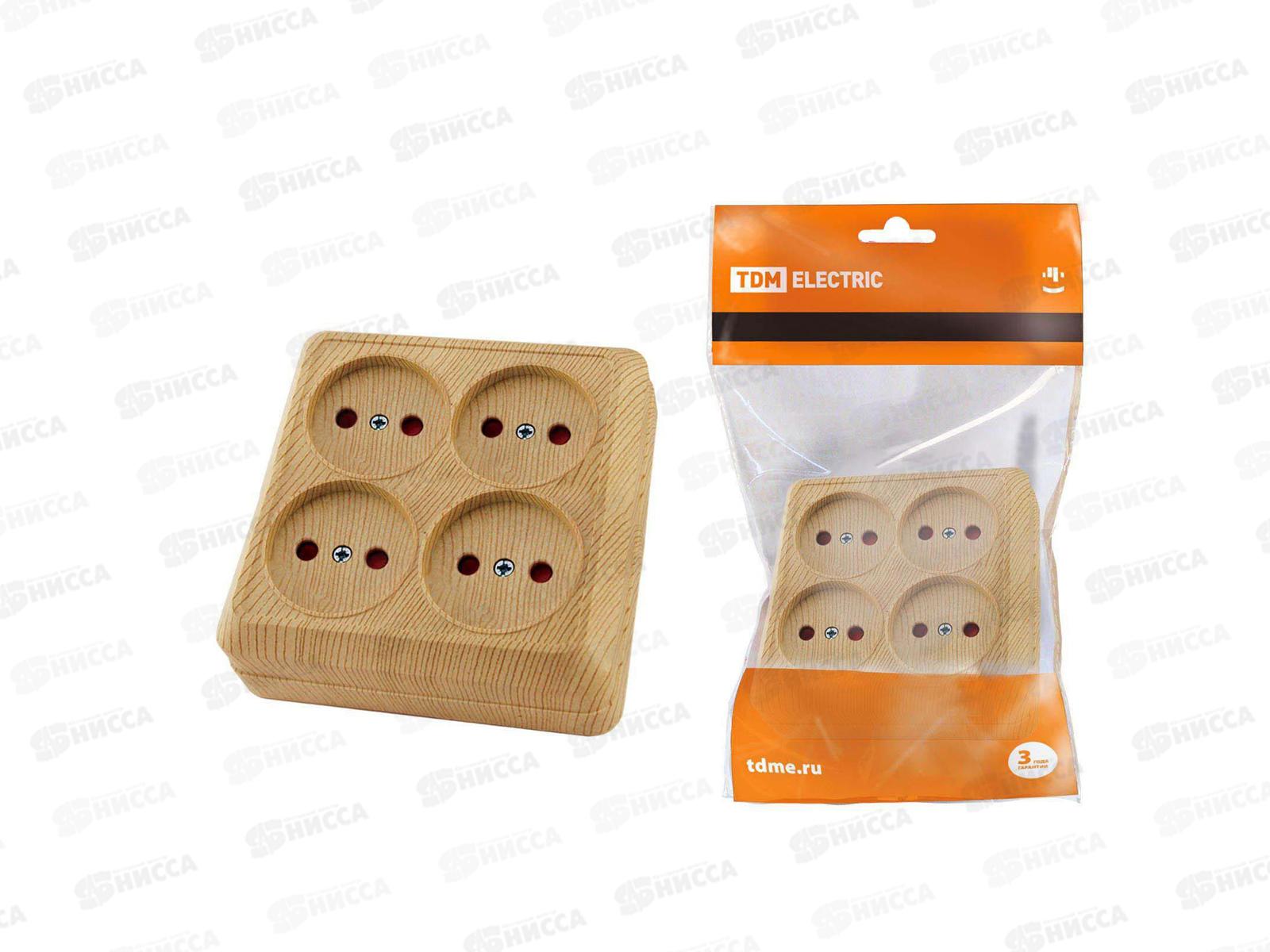 Розетка TDM четырехместная открытой установки, IP20 10А сосна &quotЛадога&quot с защитными шторками, 0421 *6