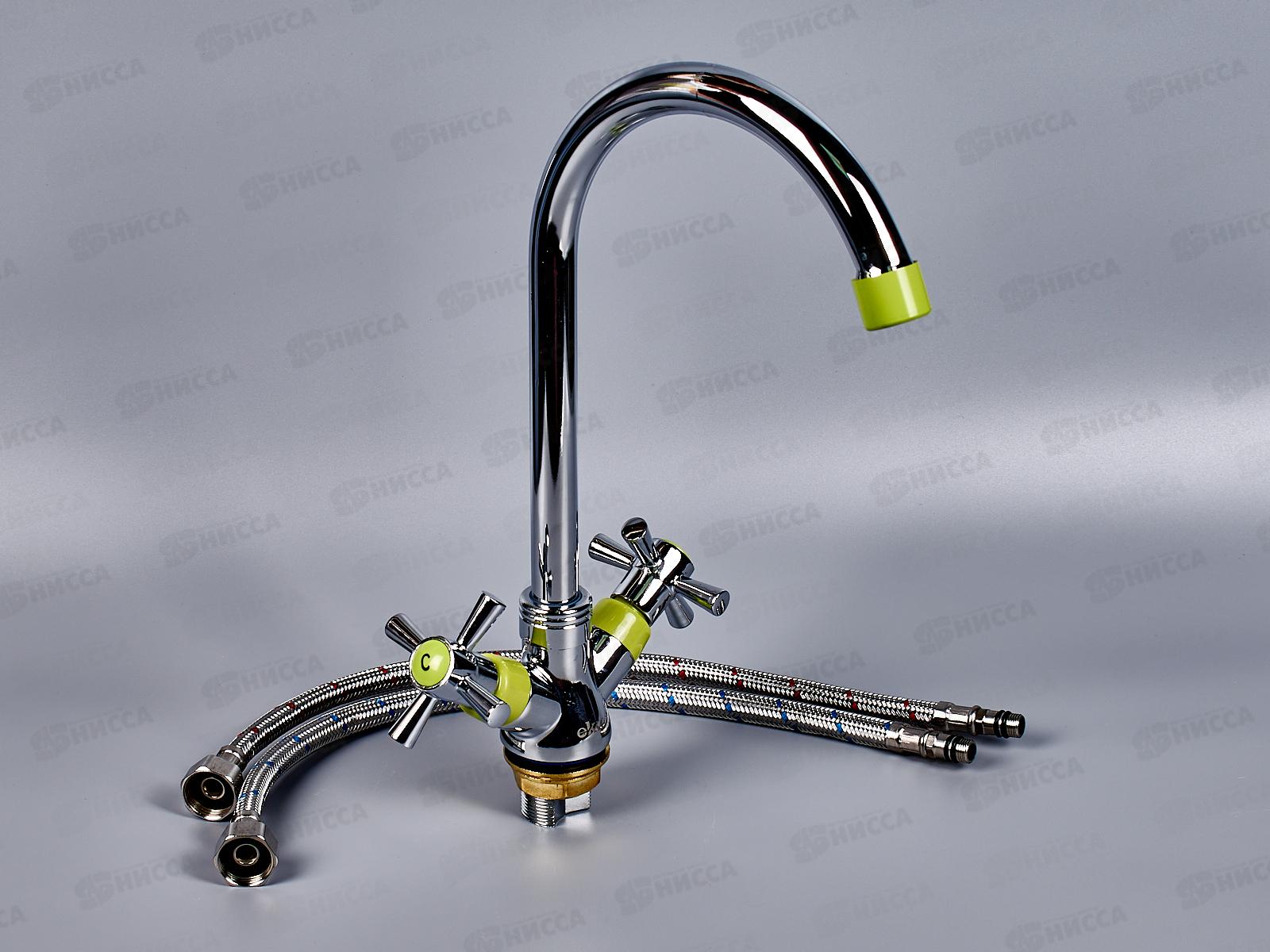 Смеситель для кухни с гайкой, с цветными наконечником и ручками, зелёный, E49118-6