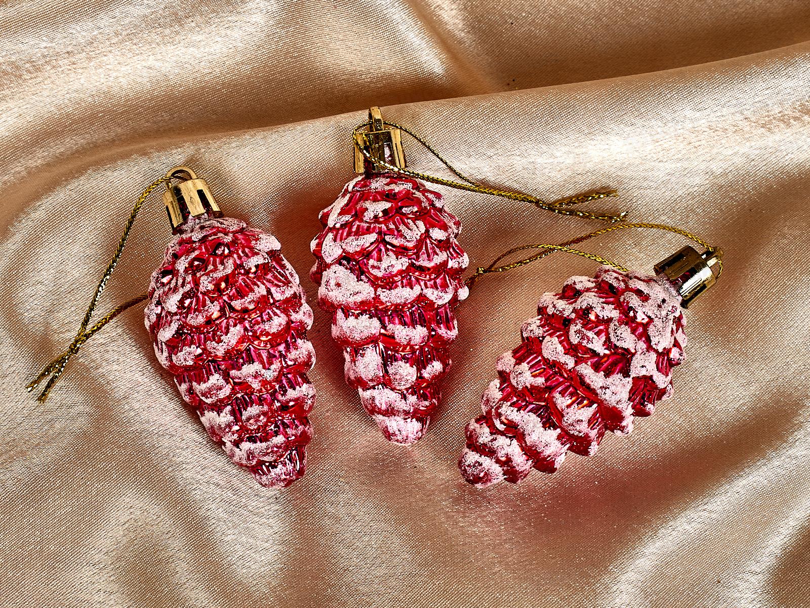 Набор елочных украшений 3шт Шишечки в инее 5,5см красный 916-0252