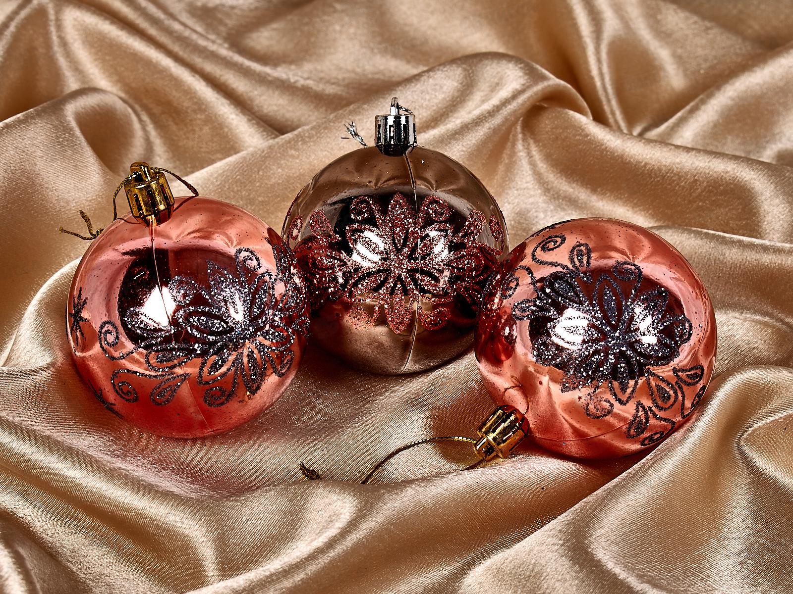 Набор елочных шаров 3шт &quotПавлиний хвост&quot 7см розовое золото/графит 201-1247