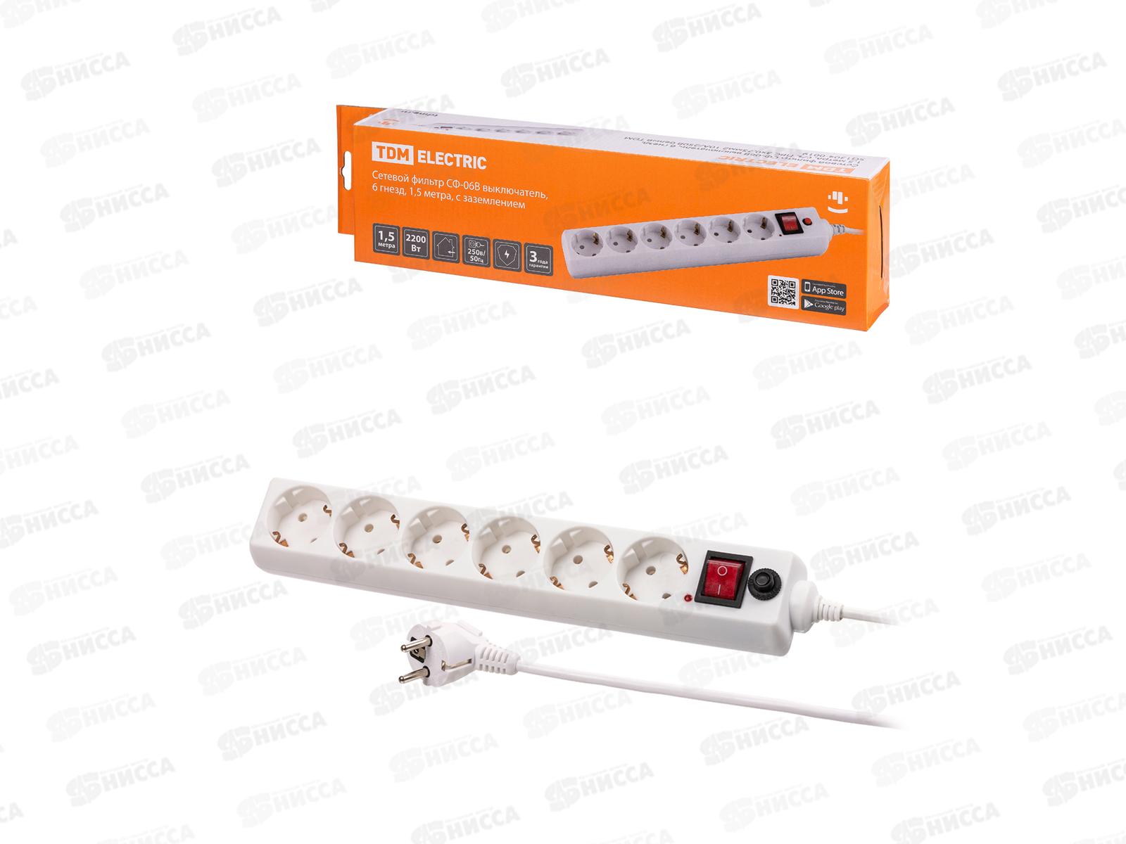 Сетевой фильтр TDM СФ-06В с выключателем, 6гнезд, 1.5м, с/з, ПВС 3*0.75кв.мм, 0019