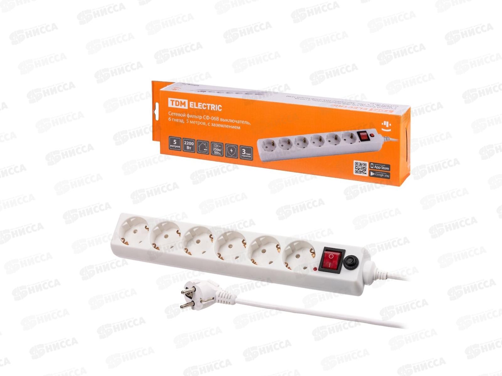 Сетевой фильтр TDM СФ-06В с выключателем, 6гнезд, 5м, с/з, ПВС 3*0.75кв.мм, 0021 *20