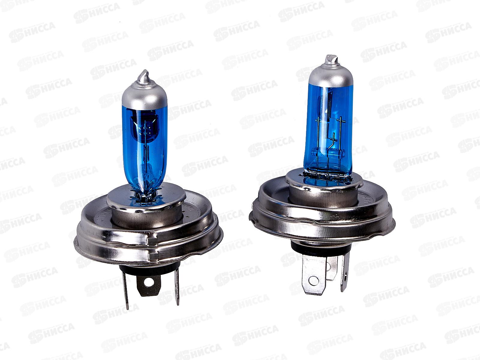 Лампа автомобильная H4 12V 60/55W P45t 2-конт XENON WHITE+30 1800/1200Лм 4600К СПУТНИК SKYWAY 2 шт