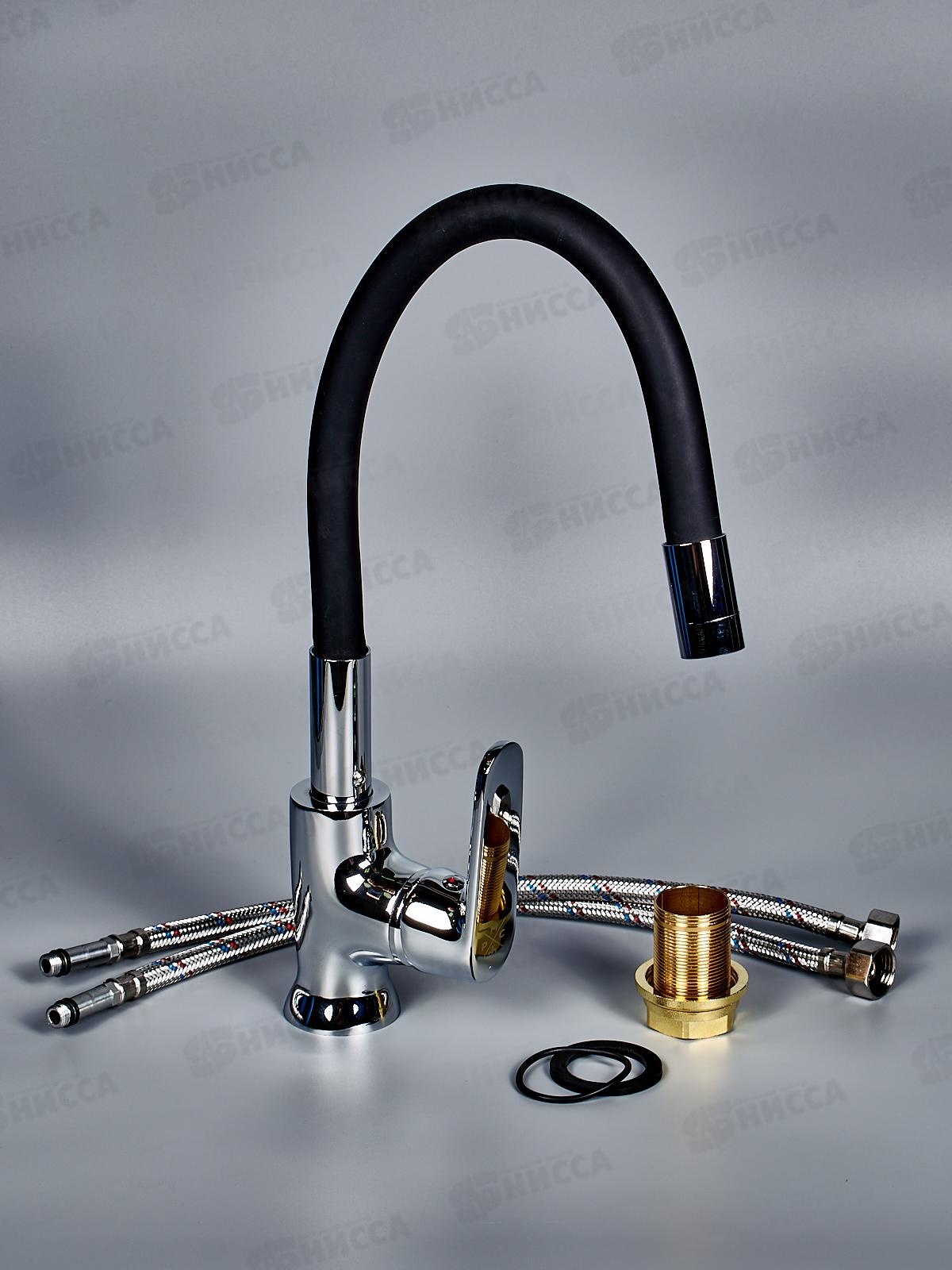Смеситель для кухни шар., высокий гибкий излив, черный+хром, SL123BL-016F-1