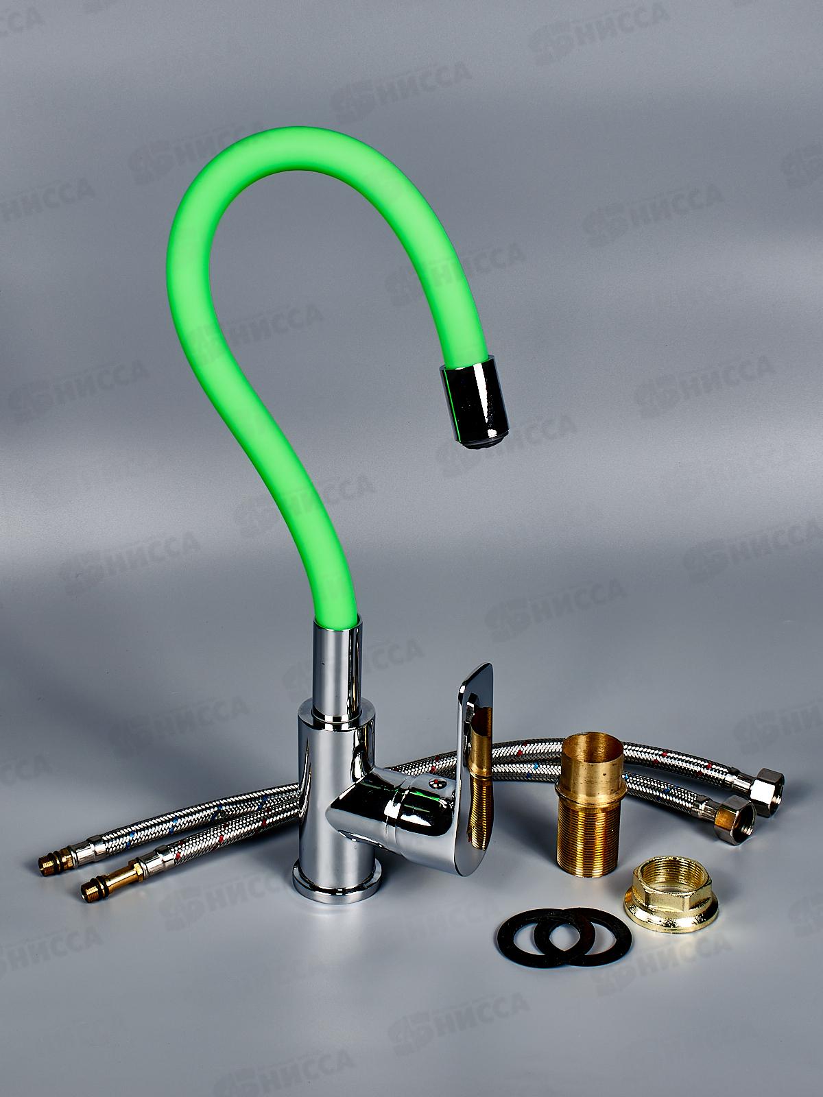 Смеситель для кухни гибкий излив с гайкой, зеленый/хром, MN70112-12 *10