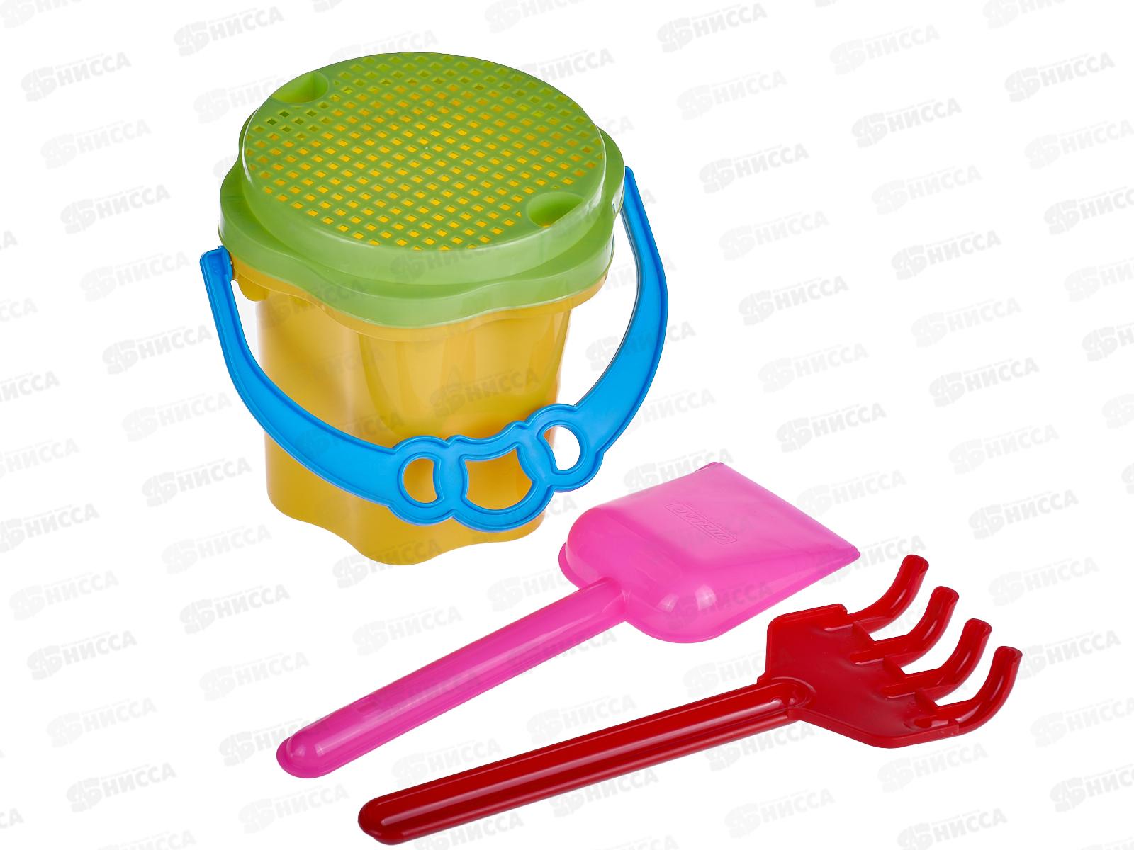 Набор песочный №104, 01804 (ведро-цветок 0,7л, сито, грабли 20см, совок 21см) *26