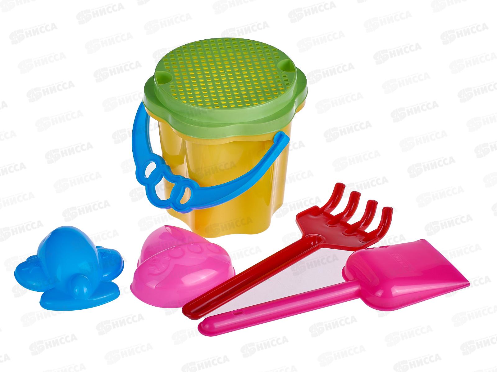 Набор песочный №105, 01805 (ведро-цветок 0,7л, сито, грабли 20см, совок 21см, 2 формочки) *26