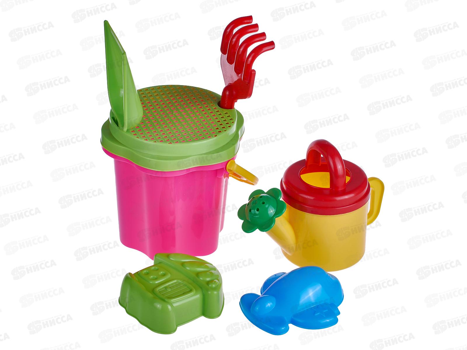 Набор песочный №108, 01808 (ведро-цветок 0,7л, сито, грабли 20см, совок 21см, лейка 0,4л, 2 формочки) *20
