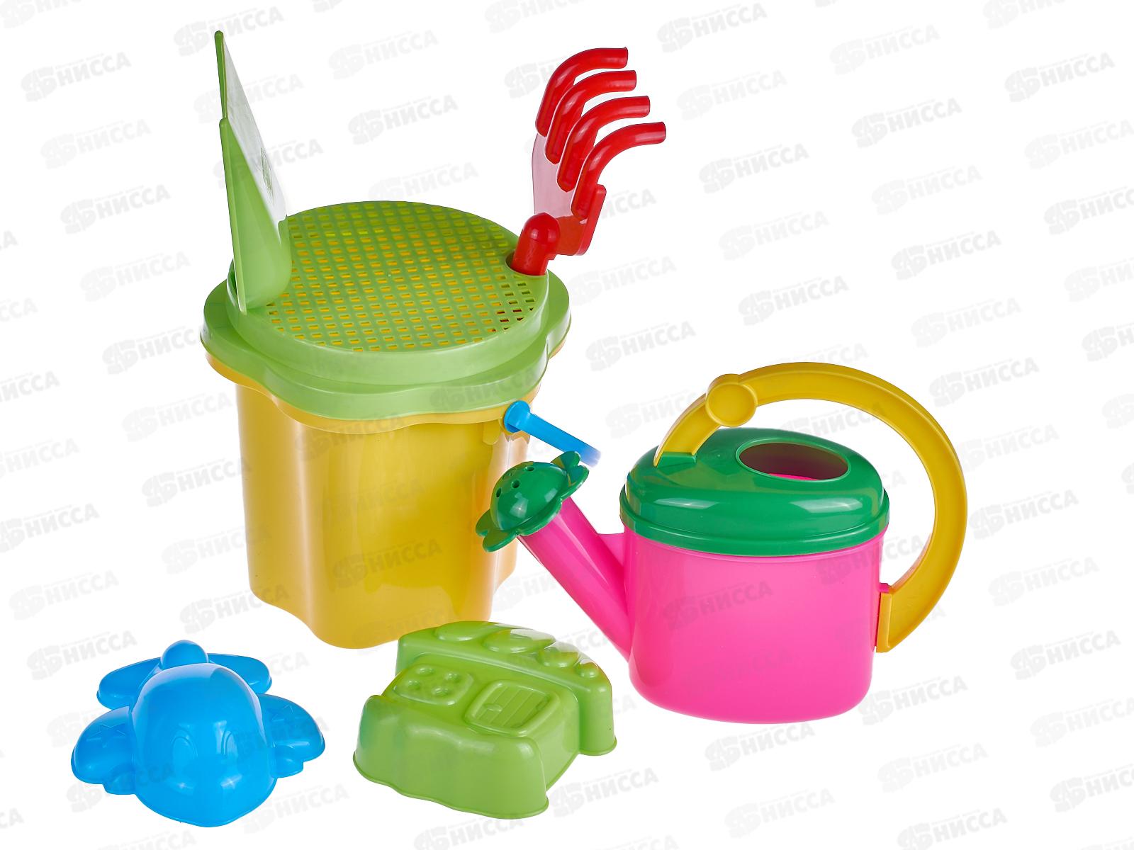 Набор песочный №109, 01809 (ведро-цветок 0,7л, сито, грабли 20см, совок 21см, 2 формочки, лейка 0,3л) *20