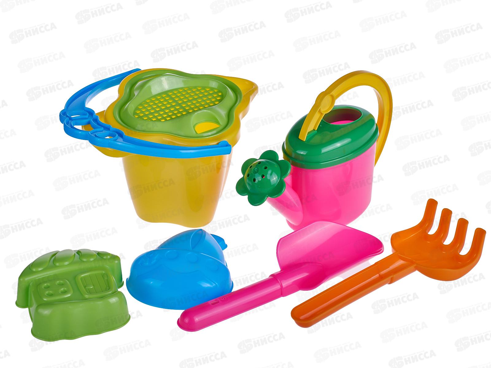 Набор песочный №114, 01814 (ведро 0,6л кувшин, лейка 0,3л, сито, 2 формочки, лопатка 19см, грабли 19см) *24