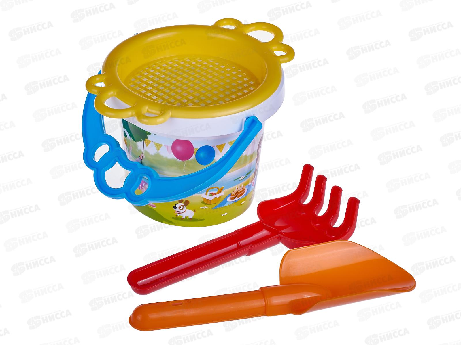 Набор песочный №154, 01854 (ведро 0,8л, сито, совок 19см, грабли 19см) *26