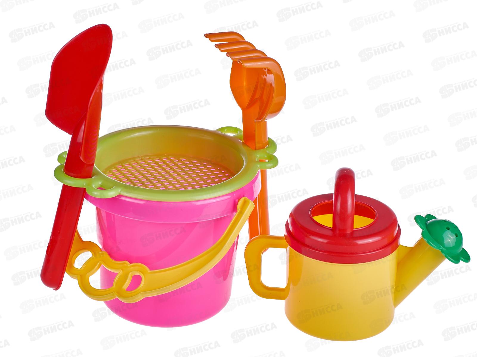 Набор песочный №155, 01855 (ведро 0,8л, сито, совок 19см, грабли 19см, лейка 0,4л)  *24
