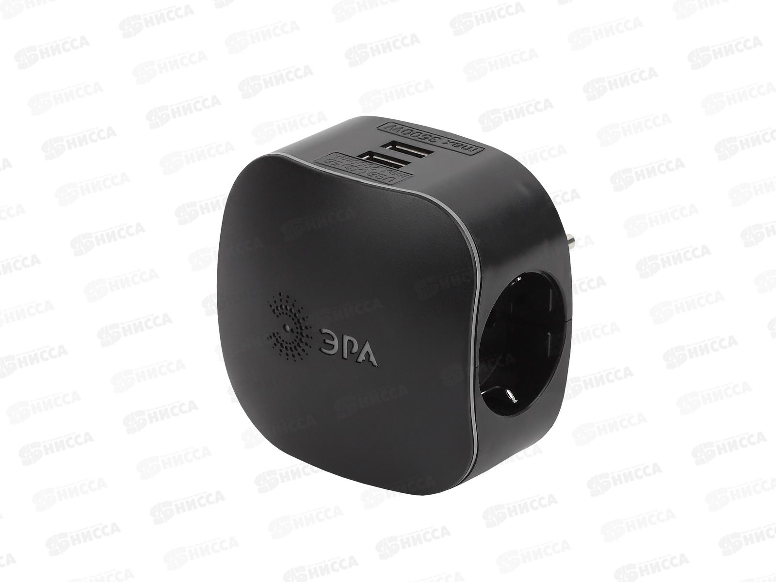 Тройник ЭРА SP-3e-USB-BLACK на 3 розетки +2 USB, с заземлением, черный *6