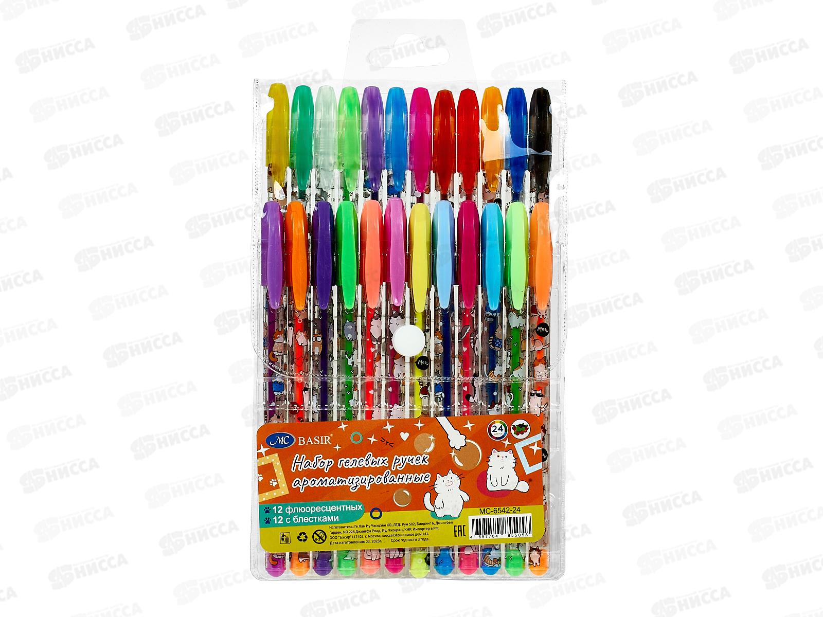 Ручки гелевые  BASIR Коты 24 цветов, аромат,с блест.+флуор.  МС-6542-24*18