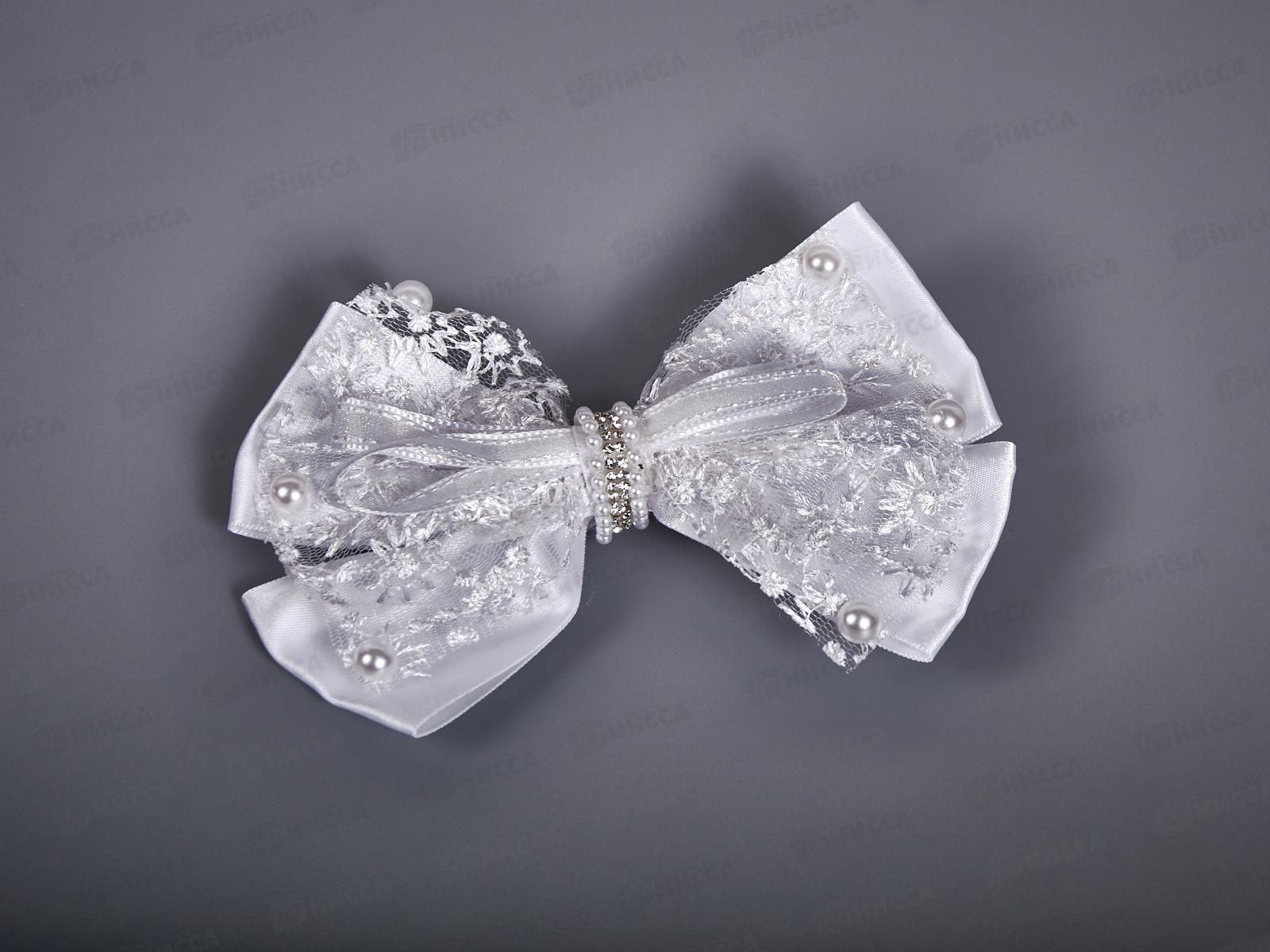 Бант с зажимом &quotУтка&quot шёлк,капрон,жемчуг,стразы бел. 14см.№8063