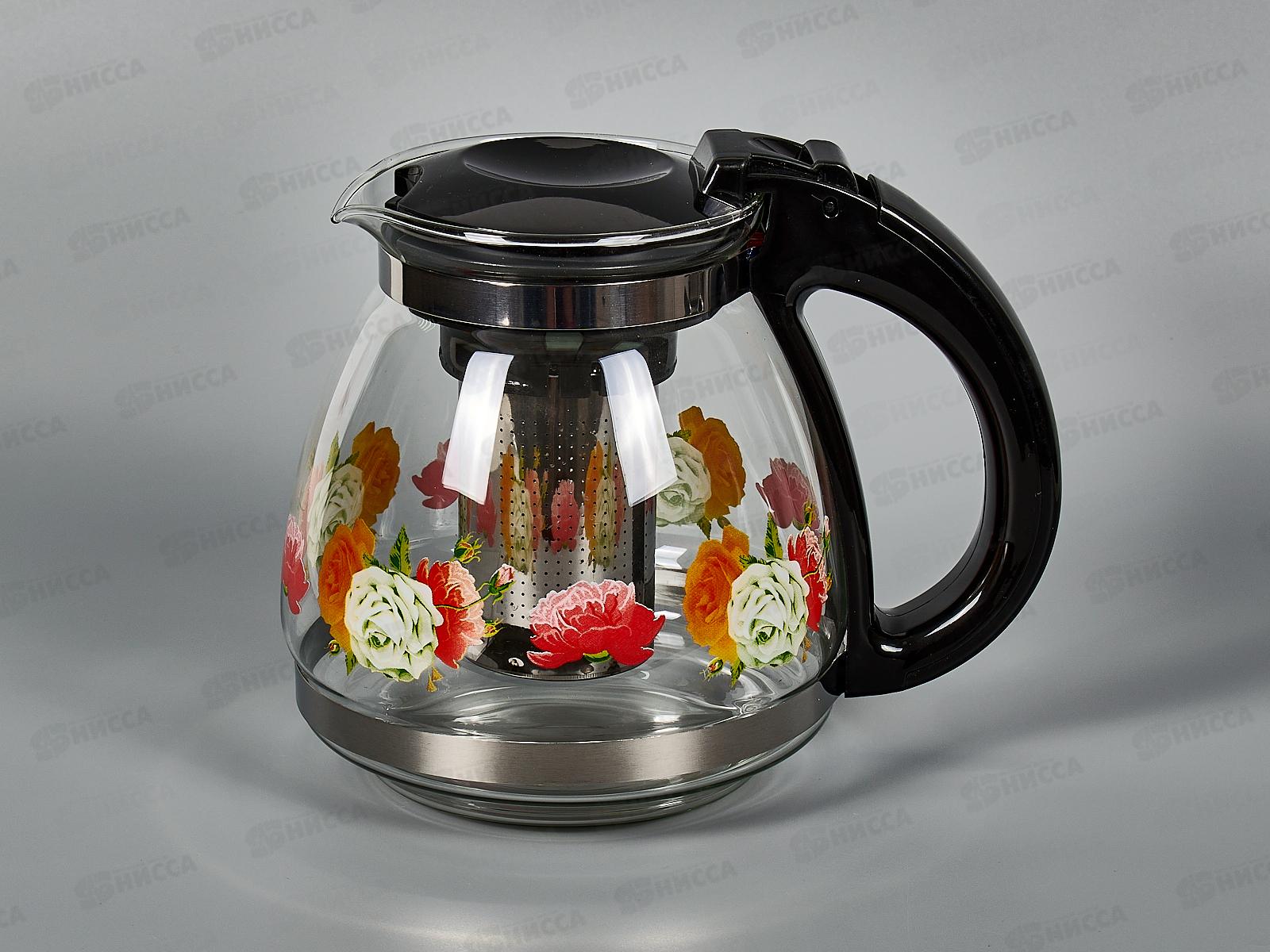 Чайник заварочный 1500мл стекло деколь, металлический фильтр 430-1551 *18