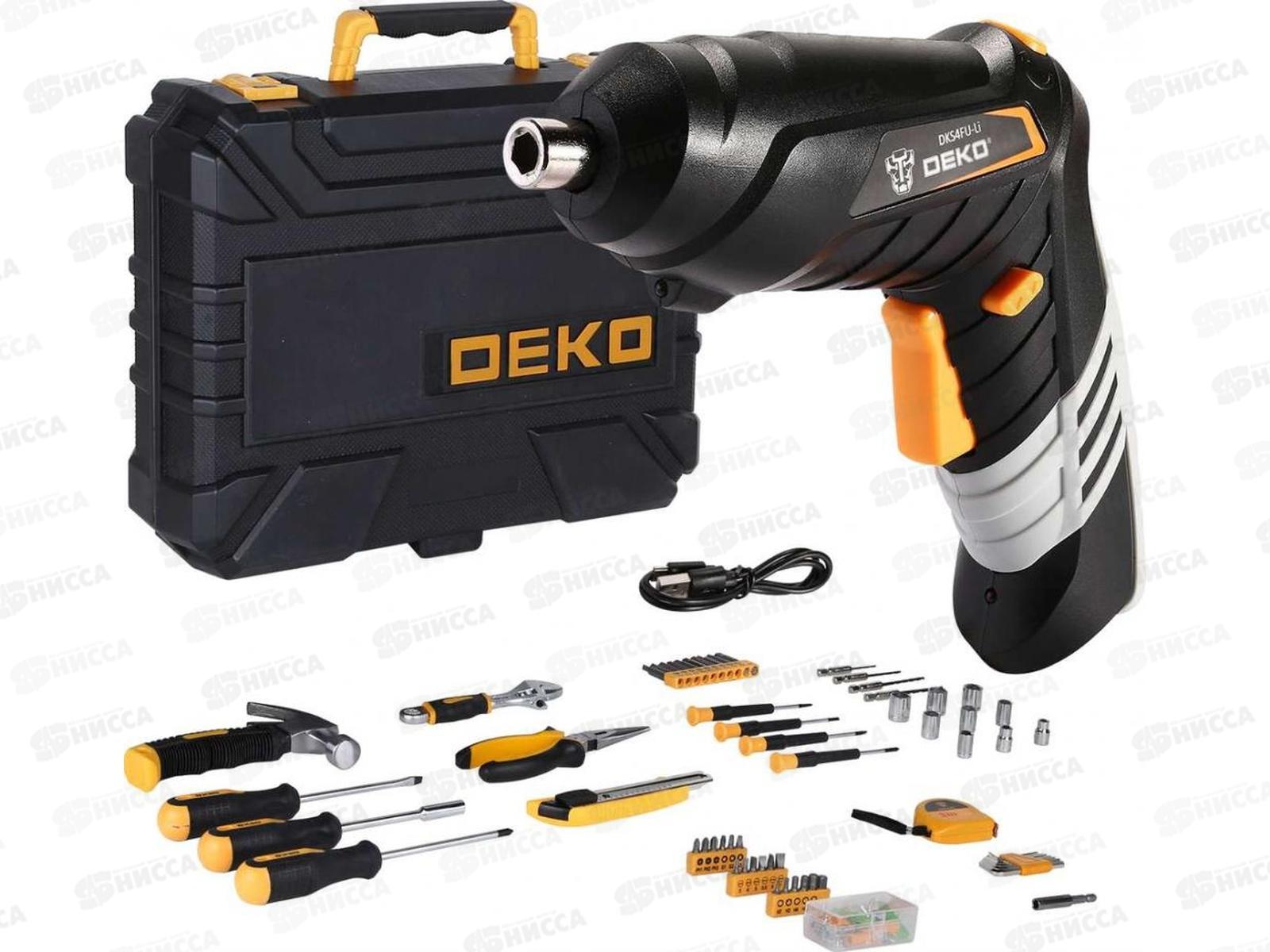 Отвертка аккумуляторная 3.6В, 220об/мин, 5.5Нм, 1.3Ач(Li-Ion), в кейсе  + набор инструментов 112 предметов, DEKO DKS4FU-Li