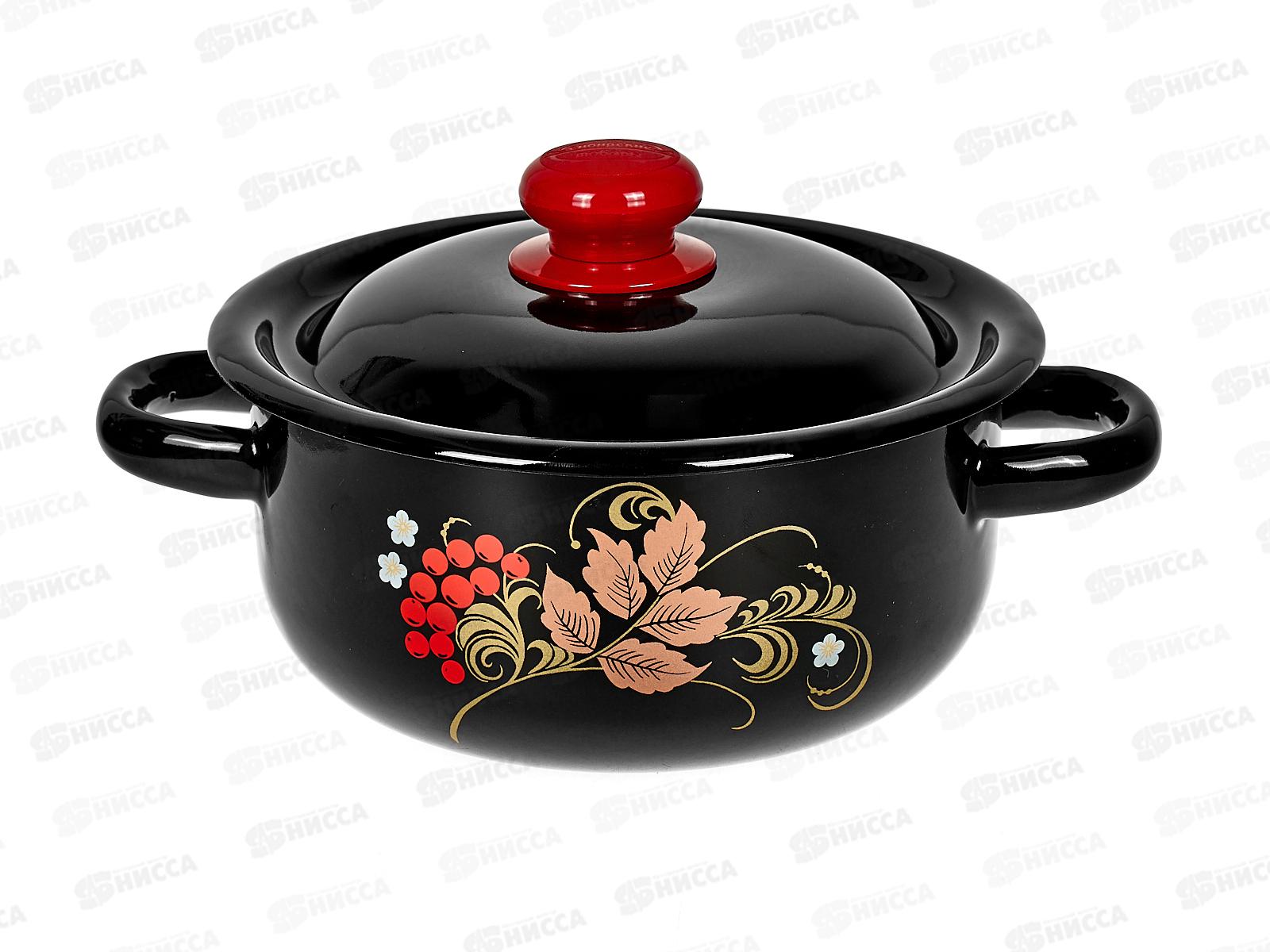 Кастрюля 1,5л цилиндрическая, с  декором, чёрная с пласмассовой кнопкой С1607.36