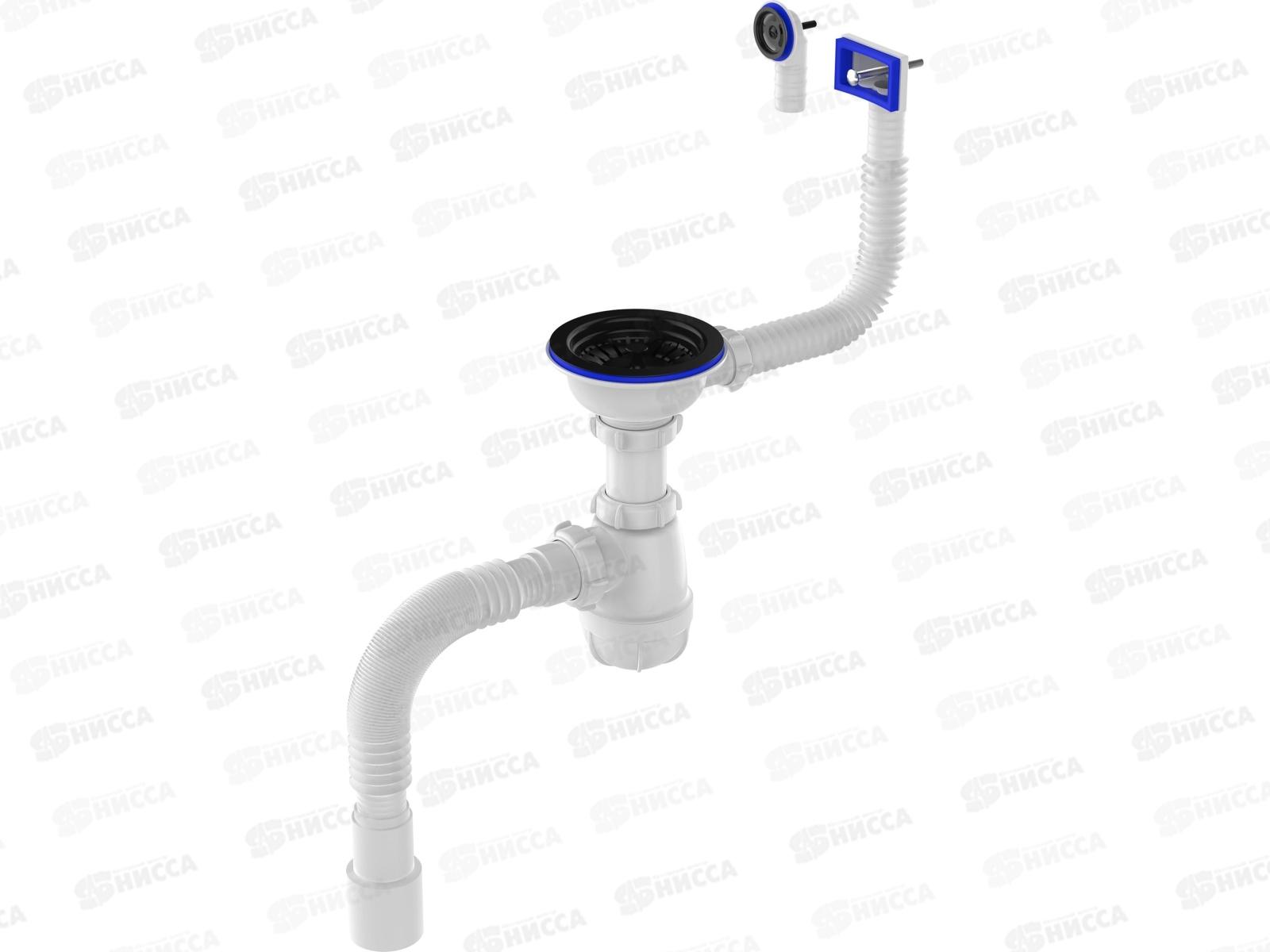 Сифон для мойки 3 1/2&quot х 40 с черной металлической решеткой с прямоугольным/круглым переливами с гибкой трубой 40х40/50,  B0188-20-MR  *20