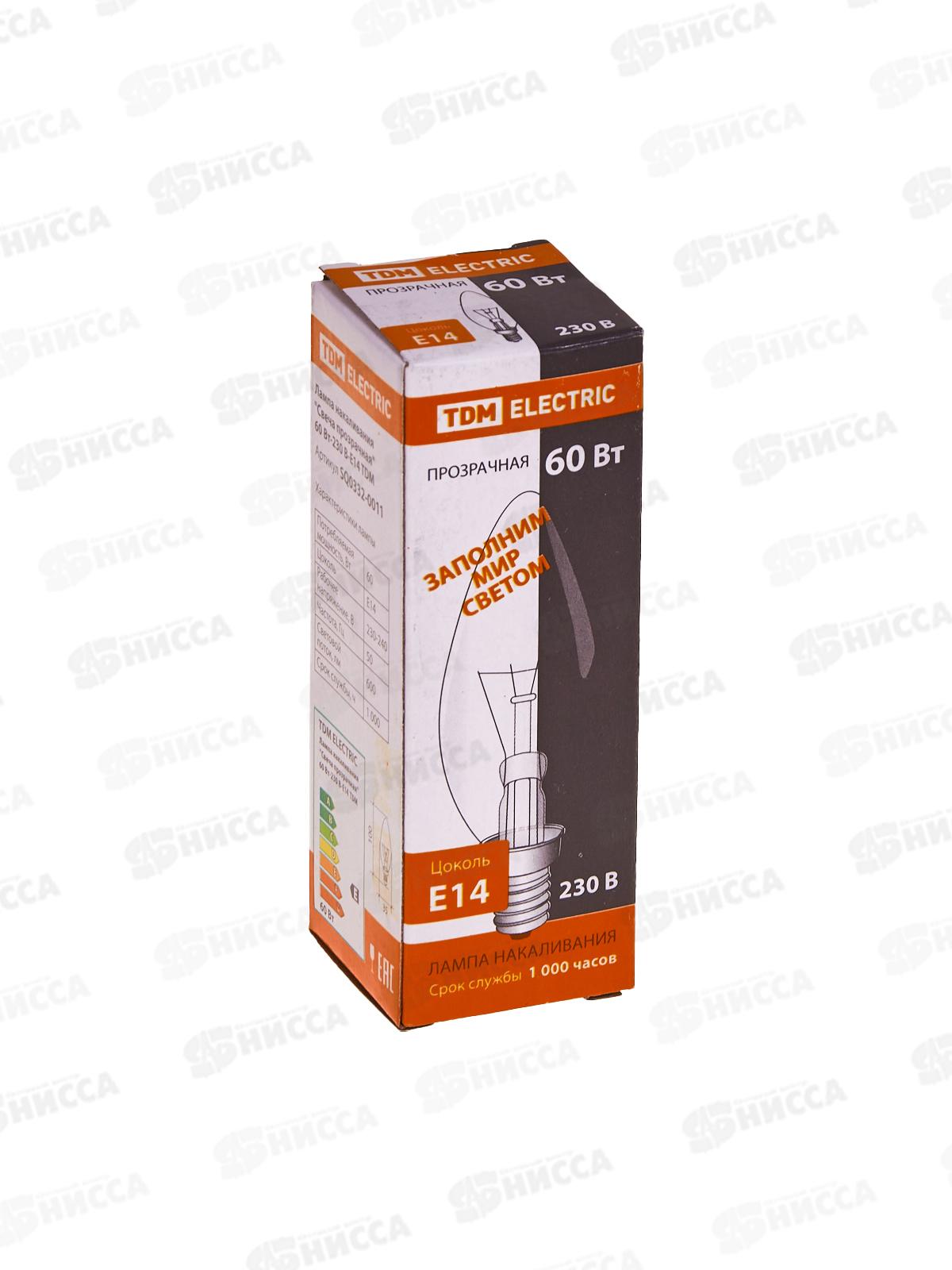 Электрическая лампочка 60 Вт TDM E14, свеча прозрачная, 0009 *100