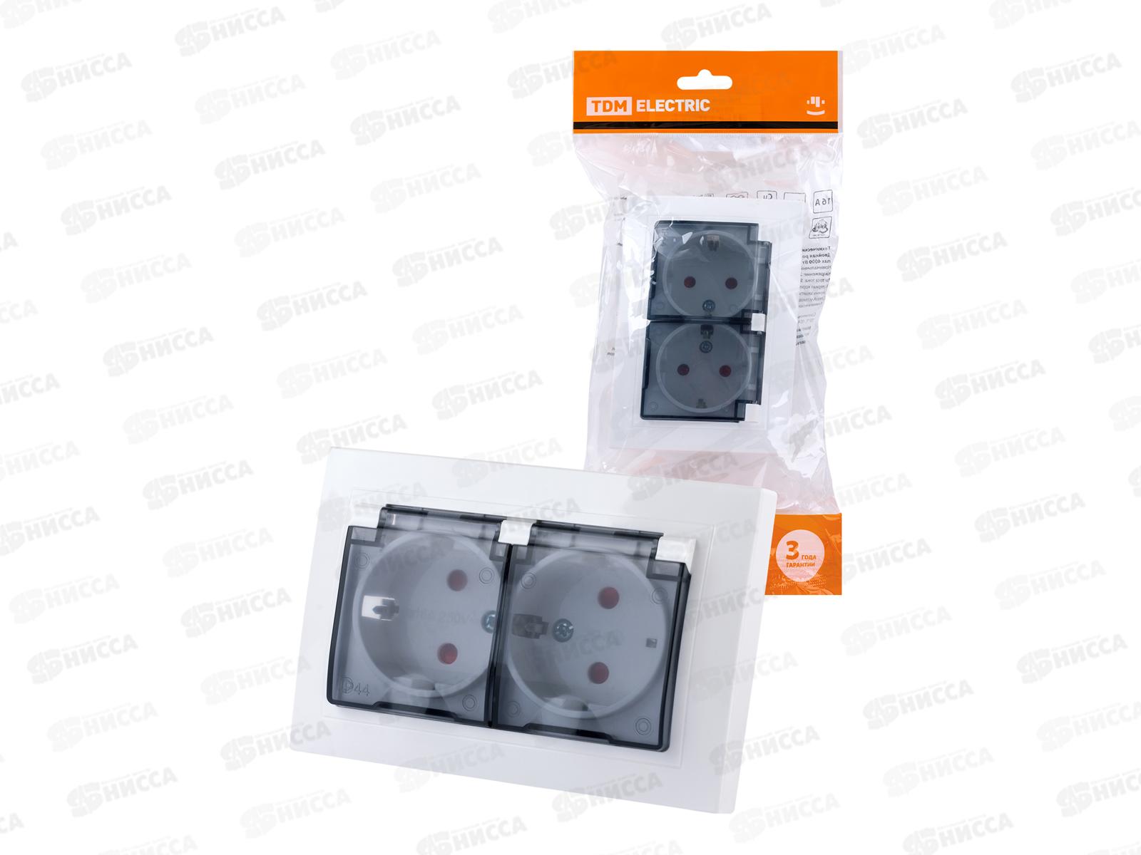 Розетка TDM двойная 2П+З с защитной шторкой, 16А с прозр крышкой 250B IP44 бел 0077