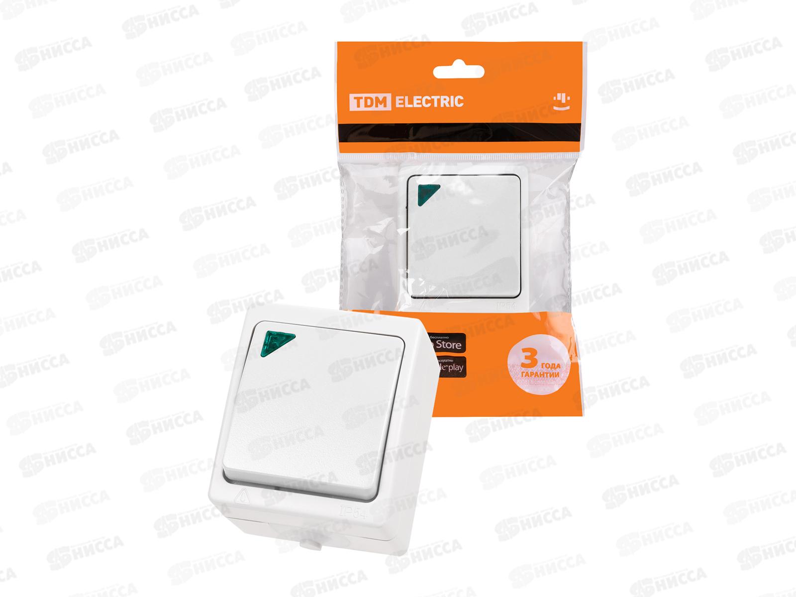 Выключатель TDM 1-клавиша, открытая установка  с подсветкой IP54 10А &quotВуокса&quot белый 1004