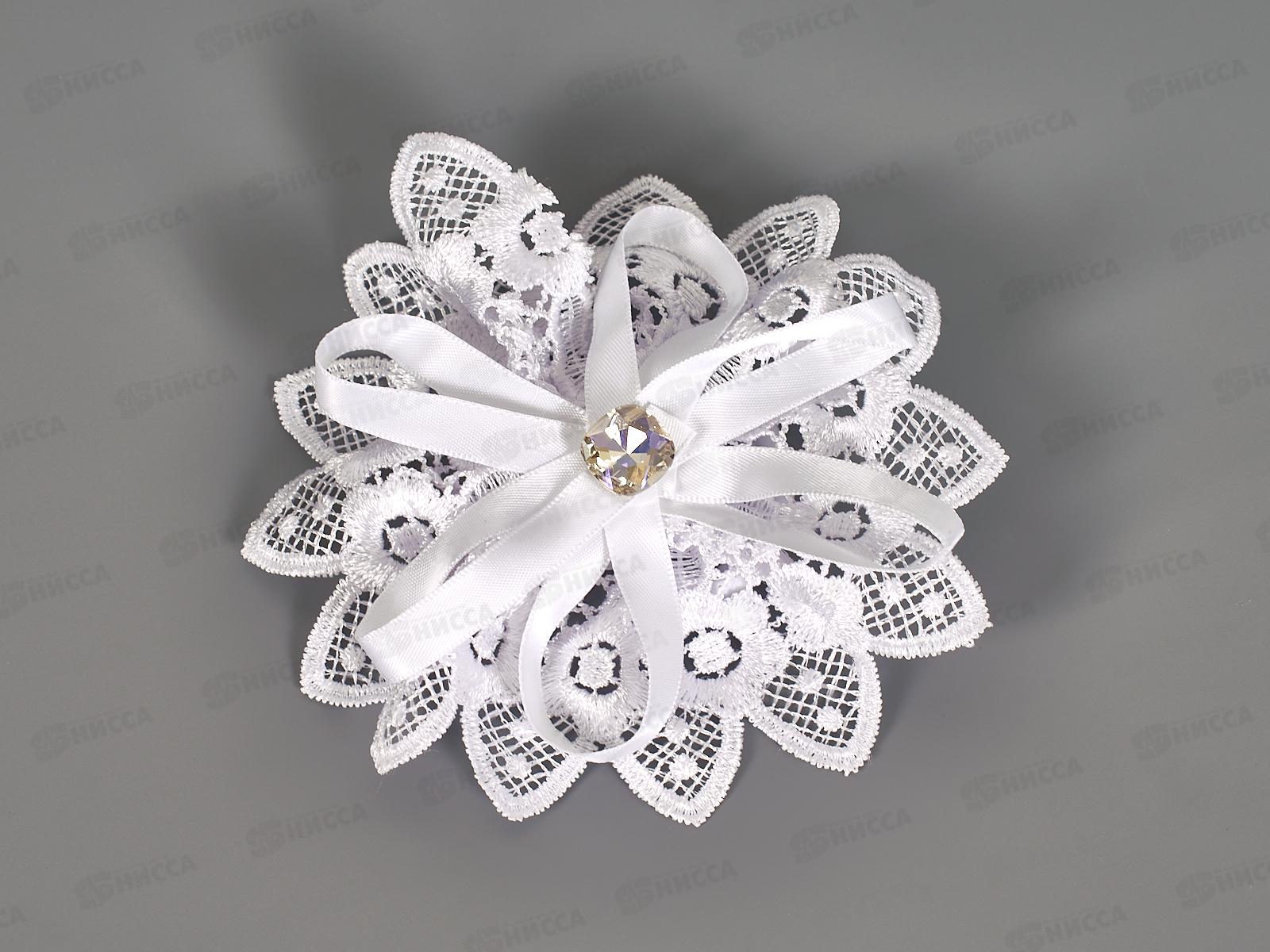Бант гипюр, шелк белый камень цирконый круглый 13см №9317